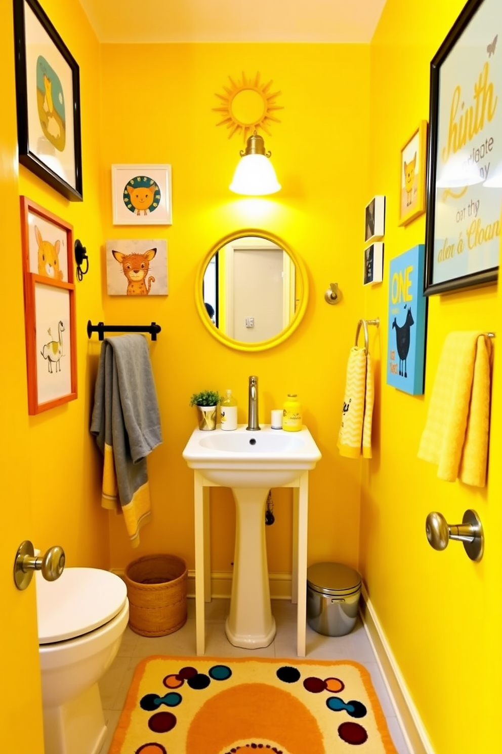 A playful powder room filled with cheerful yellow decor items. The walls are painted a bright sunny yellow, accented by whimsical art pieces and playful accessories. A small round mirror with a yellow frame hangs above a white vanity. Fun patterned towels and a quirky rug complete the whimsical atmosphere, making the space inviting and lively.