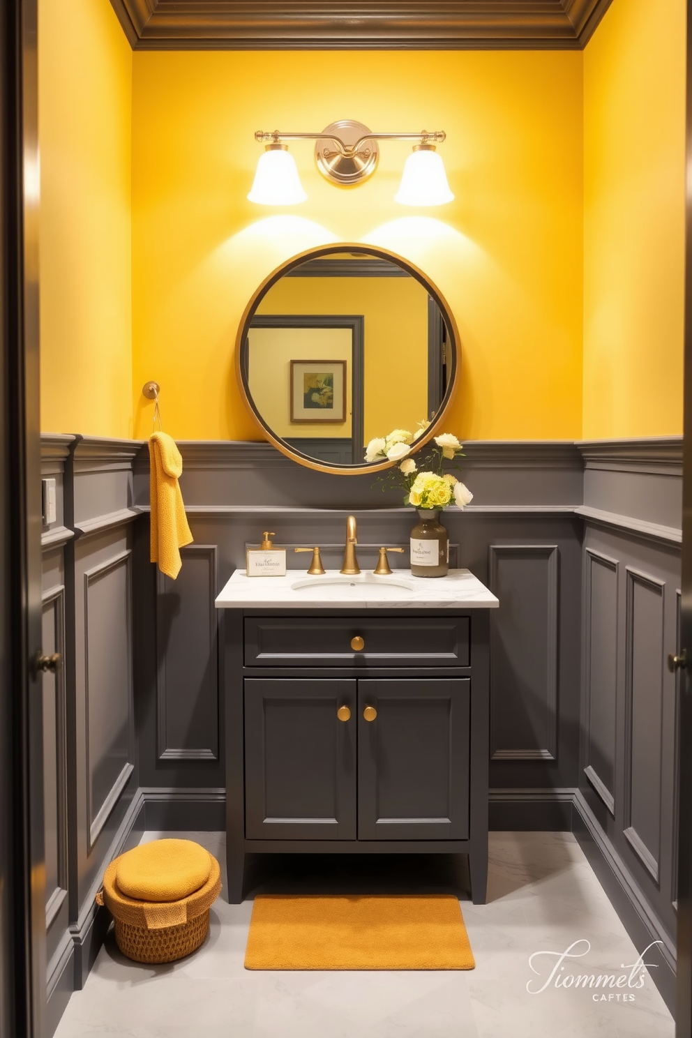 A chic powder room featuring a yellow and gray color palette. The walls are painted a soft yellow, complemented by elegant gray wainscoting that adds depth and sophistication. The vanity is a sleek gray with gold hardware, topped with a white marble countertop. A round mirror with a gold frame hangs above the vanity, reflecting stylish lighting fixtures that enhance the ambiance. Accent decor includes yellow towels and a decorative vase filled with fresh flowers. The flooring is a light gray tile that contrasts beautifully with the warm yellow tones, creating a harmonious and inviting space.