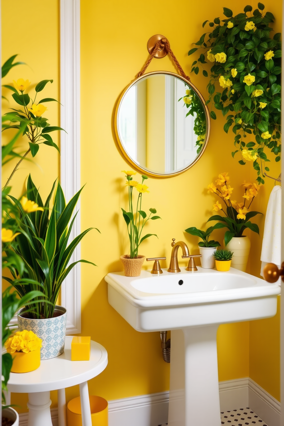 A vibrant powder room filled with lively yellow plants that add a fresh and cheerful ambiance. The walls are painted in a soft lemon hue, complementing the bright greenery and creating an inviting atmosphere. The space features a sleek white pedestal sink with a gold faucet, surrounded by decorative yellow accents. A small round mirror with a gold frame hangs above the sink, reflecting the lively plants and enhancing the room's brightness.