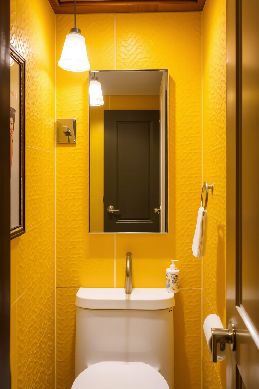 Textured yellow wall panels create a warm and inviting atmosphere in the powder room. The vibrant yellow hue adds a cheerful touch, complemented by sleek fixtures and elegant accessories.