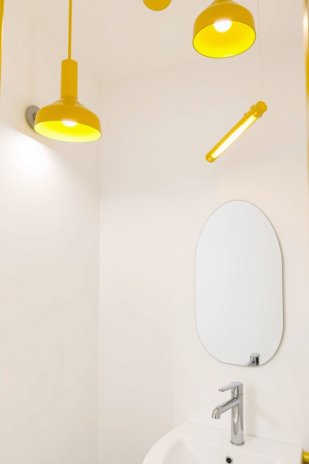 A bright yellow powder room with modern light fixtures that create a warm and inviting ambiance. The walls are painted in a soft white, providing a clean backdrop for the vibrant yellow accents throughout the space. The sleek yellow light fixtures hang elegantly from the ceiling, adding a contemporary flair. A minimalist vanity with a polished chrome faucet complements the overall modern aesthetic of the room.