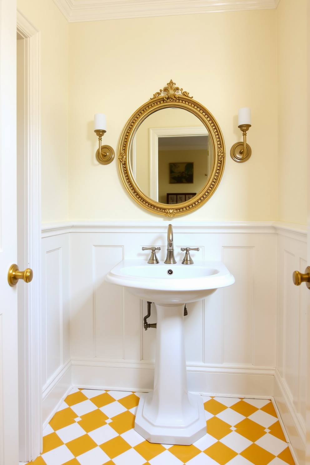 A charming yellow powder room features classic yellow and white checkerboard flooring that adds a playful yet elegant touch. The walls are painted a soft white, creating a bright and airy atmosphere complemented by a vintage pedestal sink with a polished chrome faucet. A round mirror with a decorative golden frame hangs above the sink, reflecting the warm tones of the room. Stylish wall sconces provide soft ambient lighting, enhancing the inviting feel of the space.