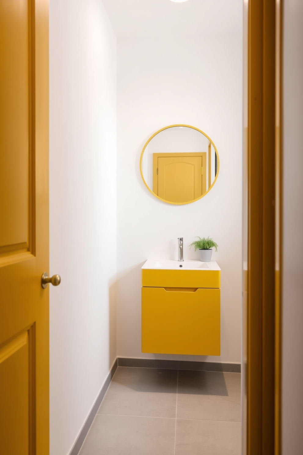 A minimalist powder room featuring soft yellow accents. The walls are painted in a crisp white, with a sleek yellow vanity that complements the overall simplicity of the space. A round mirror with a thin yellow frame hangs above the vanity, reflecting the warm tones. The floor is adorned with light gray tiles, while a small potted plant adds a touch of greenery to the decor.