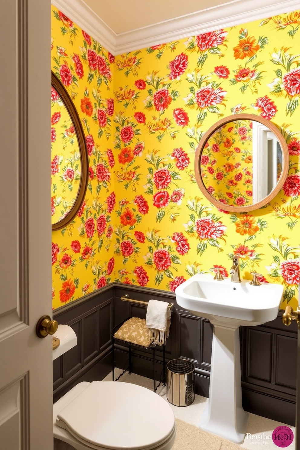 A bright and cheerful powder room featuring sunshine yellow wallpaper adorned with vibrant floral patterns. The space includes a sleek white pedestal sink and a round mirror framed in natural wood, creating a warm and inviting atmosphere.