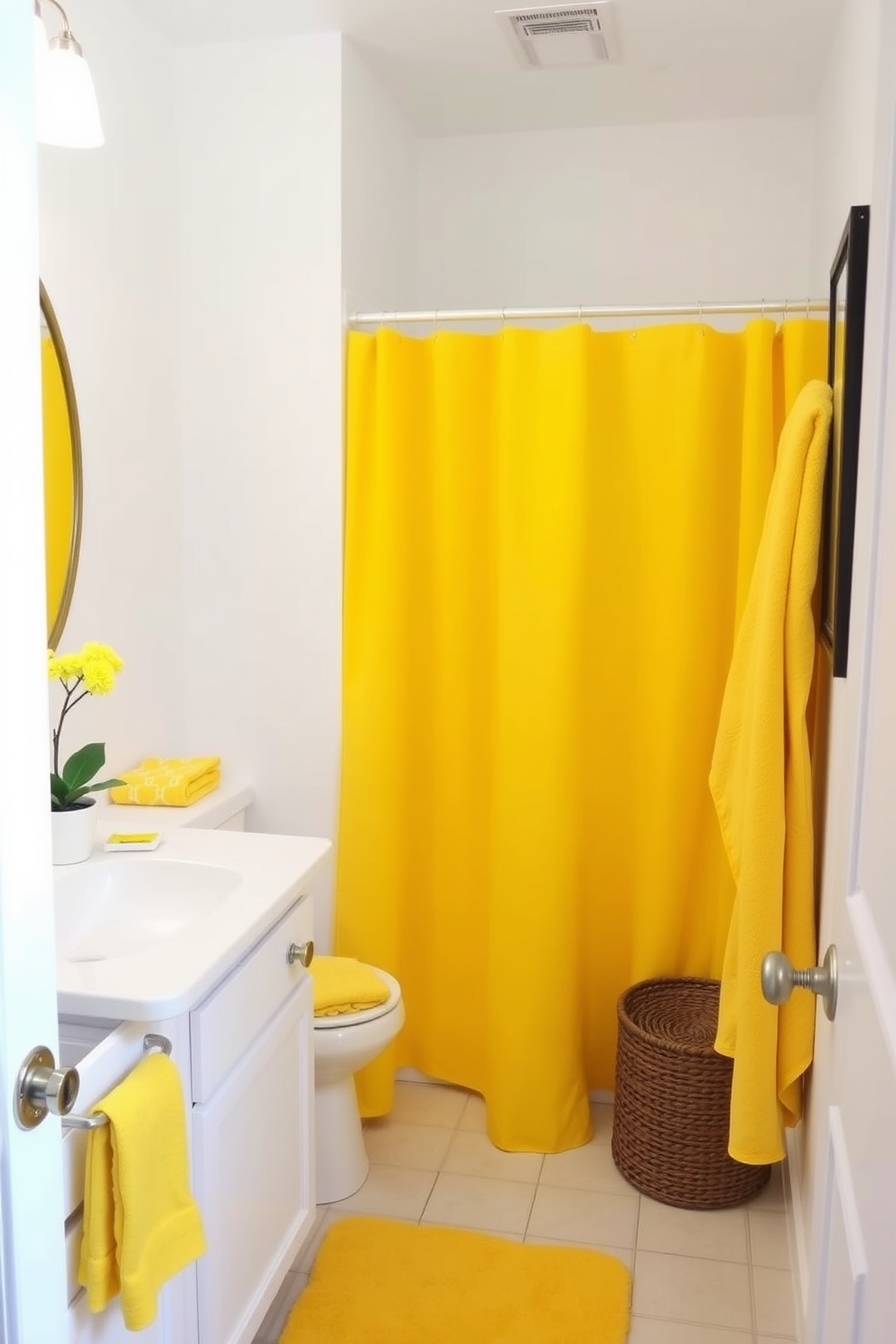 A bright yellow shower curtain adds a cheerful vibe to the powder room. The walls are painted a soft white, creating a fresh and inviting atmosphere. Incorporate playful accessories like a yellow bath mat and matching towels. A small potted plant on the countertop enhances the lively aesthetic of the space.