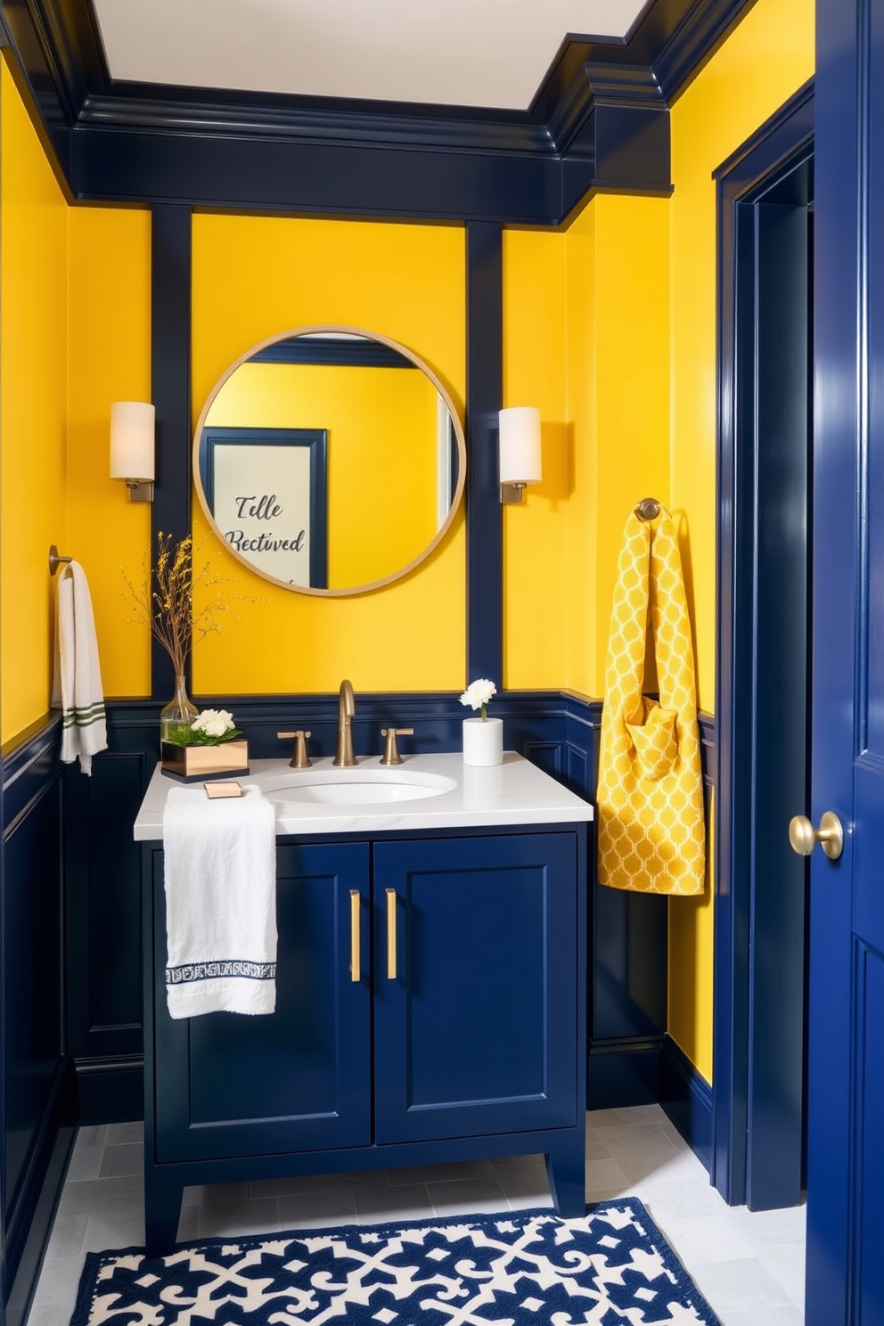 A vibrant yellow powder room features navy accents that create a striking contrast. The walls are painted a cheerful shade of yellow, while the trim and cabinetry are a deep navy blue. A sleek navy vanity with a white countertop sits against the wall, complemented by a round mirror with a gold frame. Decorative elements like a navy and white patterned rug and yellow towels add a stylish touch to the space.