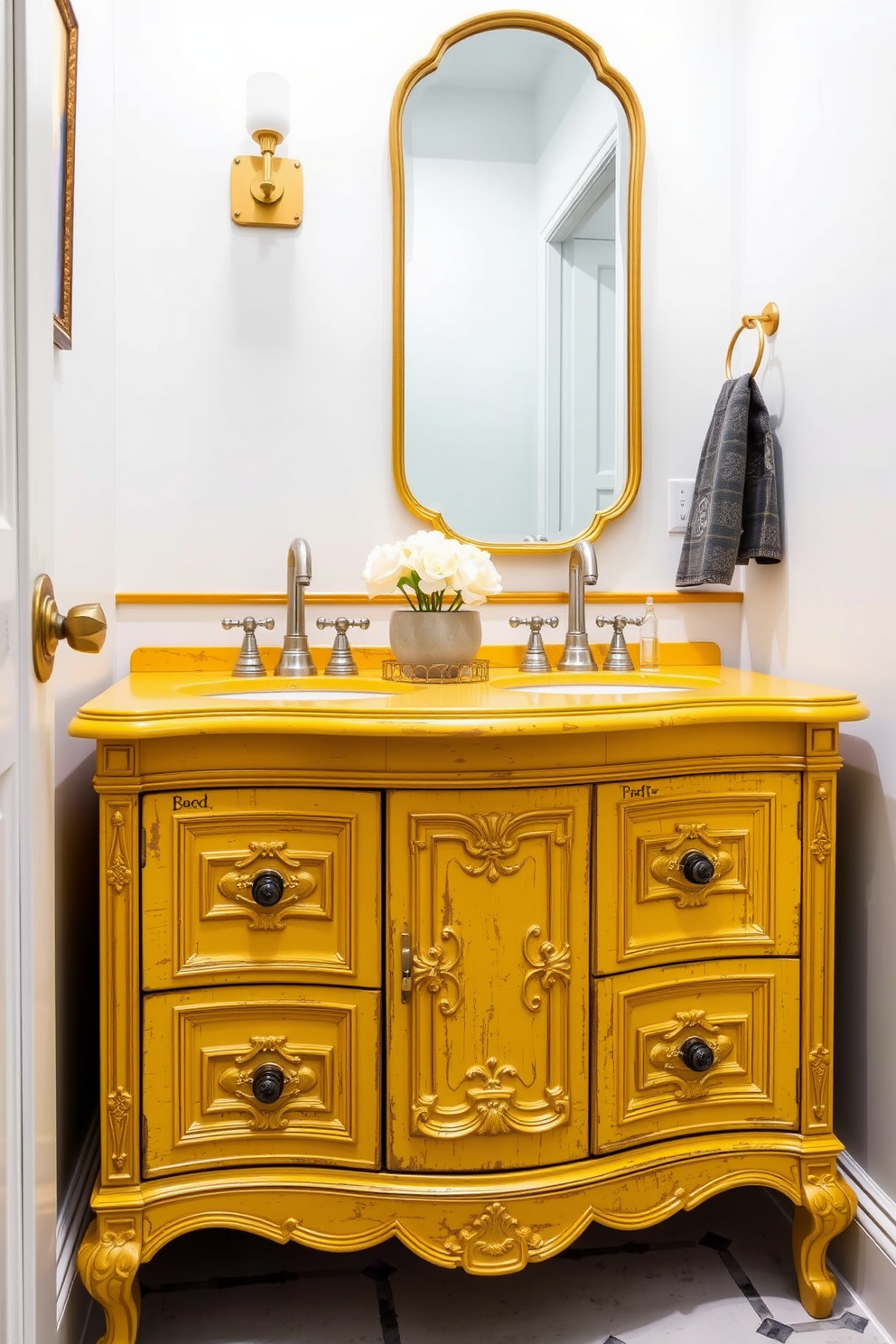 A vintage yellow washstand with modern fixtures creates a striking focal point in the powder room. The washstand features intricate woodwork and is paired with sleek, contemporary faucets for a perfect blend of styles. The walls are painted in a soft white to enhance the brightness of the yellow washstand. Accents of gold and brass in the lighting and accessories add a touch of elegance to the overall design.