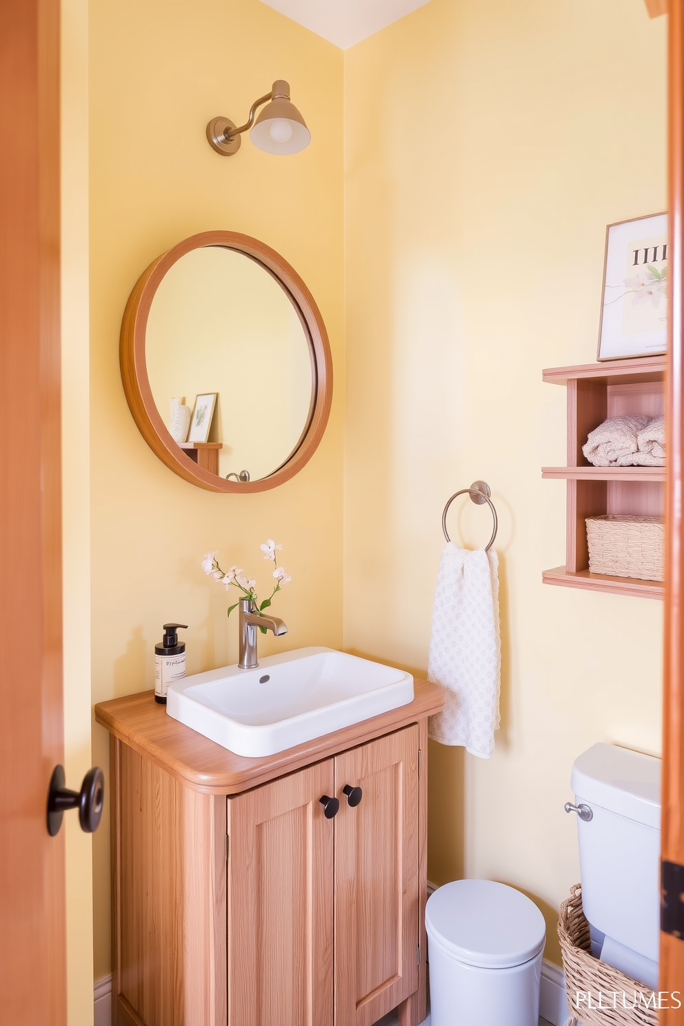 A cozy powder room featuring soft pastel yellow walls that create a warm and inviting atmosphere. The natural wood tones of the vanity and shelving complement the cheerful color, adding a touch of organic elegance. The vanity is crafted from light oak with a sleek white sink, topped with a delicate floral arrangement. A round mirror with a wooden frame hangs above the vanity, reflecting the bright and airy feel of the space.