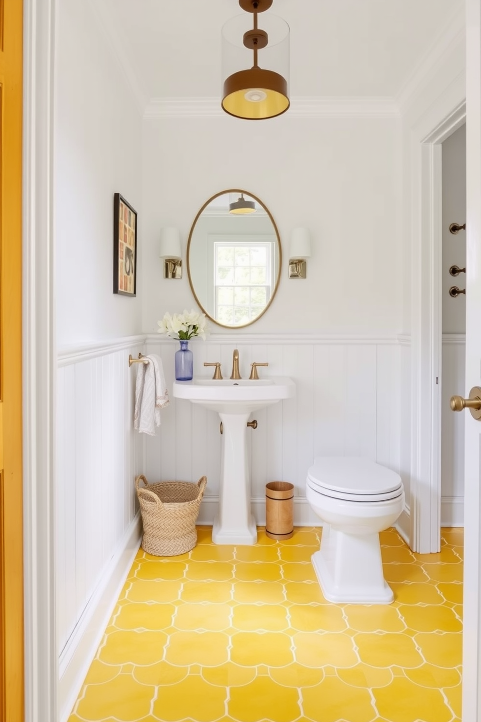 A striking powder room featuring bold yellow tiles that create a vibrant statement floor. The walls are adorned with crisp white wainscoting, complementing the cheerful yellow and enhancing the room's brightness.