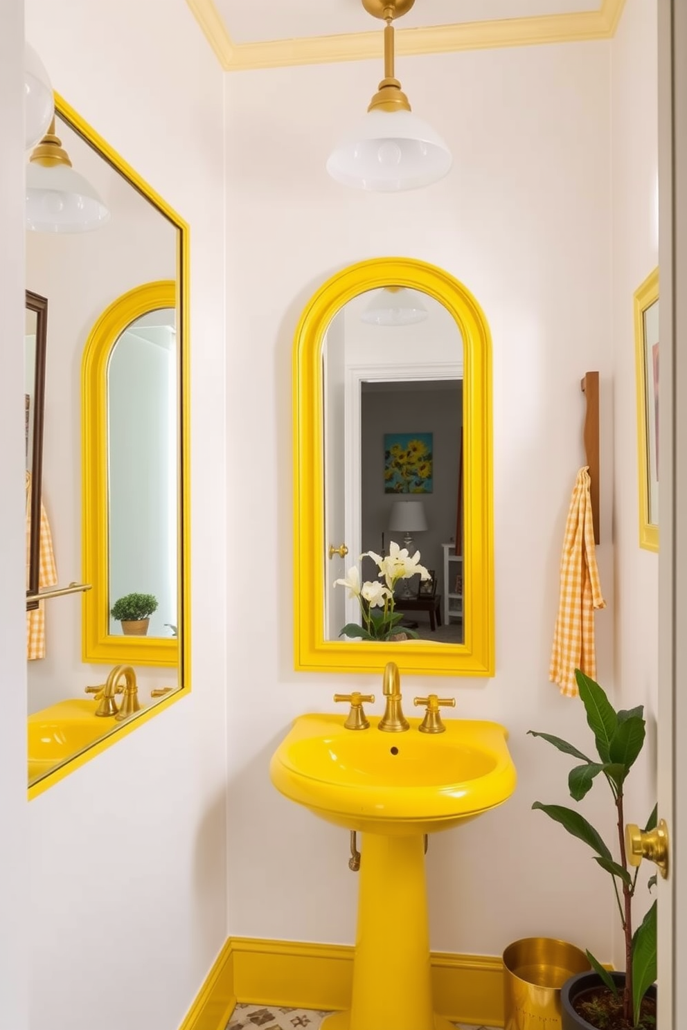 A sunny yellow powder room features bright yellow framed mirrors that reflect light and create an inviting atmosphere. The walls are painted in a soft white, enhancing the cheerful ambiance while complementing the vibrant mirrors. The space includes a sleek pedestal sink with gold fixtures, adding a touch of elegance. Decorative elements such as potted plants and colorful artwork complete the design, making it a lively and stylish retreat.