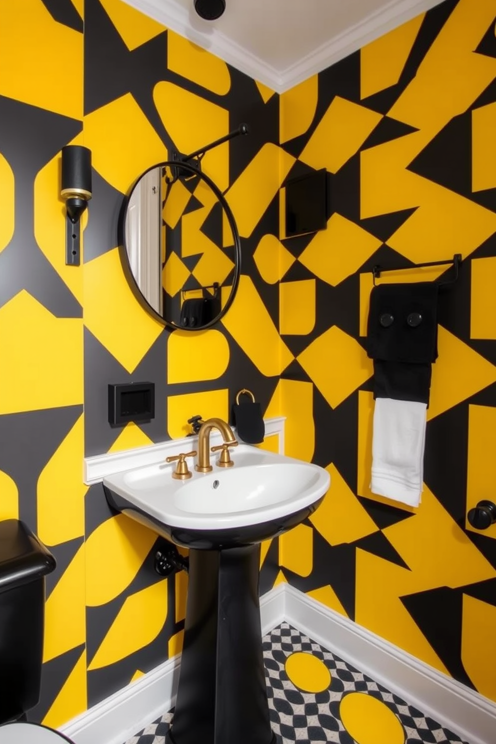 A striking powder room featuring yellow and black geometric patterns on the walls. The bold design creates a vibrant atmosphere, complemented by sleek black fixtures and accessories. A stylish pedestal sink stands out against the dynamic backdrop, adorned with a modern gold faucet. A round mirror with a thin black frame hangs above the sink, enhancing the contemporary feel of the space.