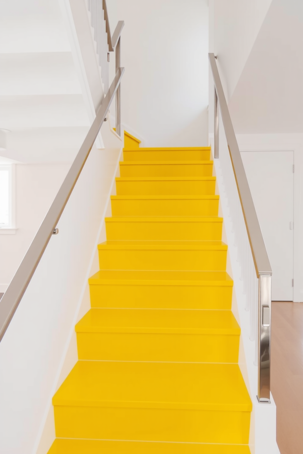 A bright yellow staircase features bold risers that create a striking contrast against the crisp white treads. The design incorporates sleek handrails and a modern aesthetic, enhancing the overall vibrancy of the space.