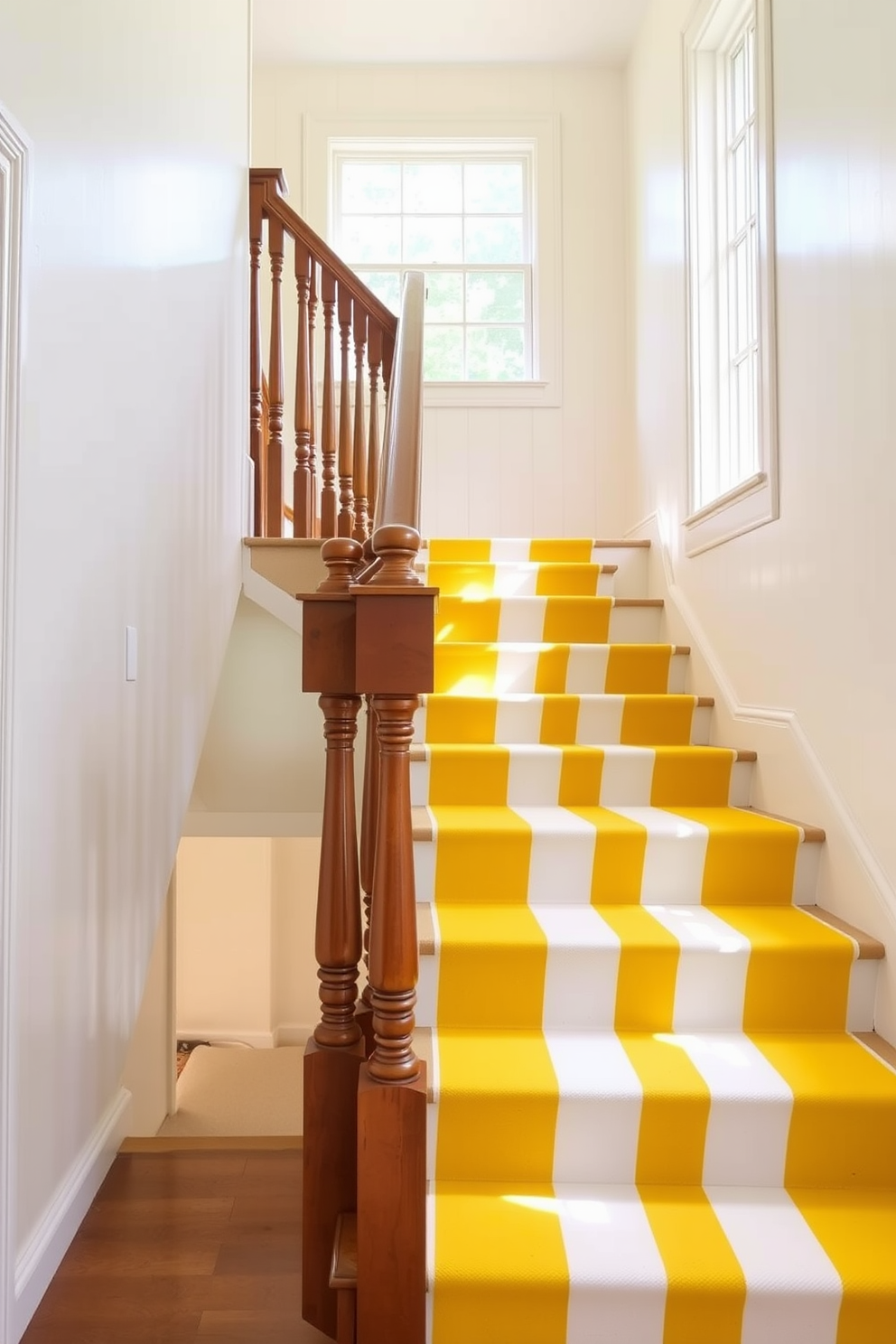 A bright and cheerful staircase features a yellow and white striped runner that adds a playful touch. The walls are painted in a soft white, allowing the vibrant runner to stand out beautifully against the backdrop. The staircase is adorned with elegant wooden balusters that complement the yellow hues. Natural light floods in through a nearby window, enhancing the inviting atmosphere of the space.