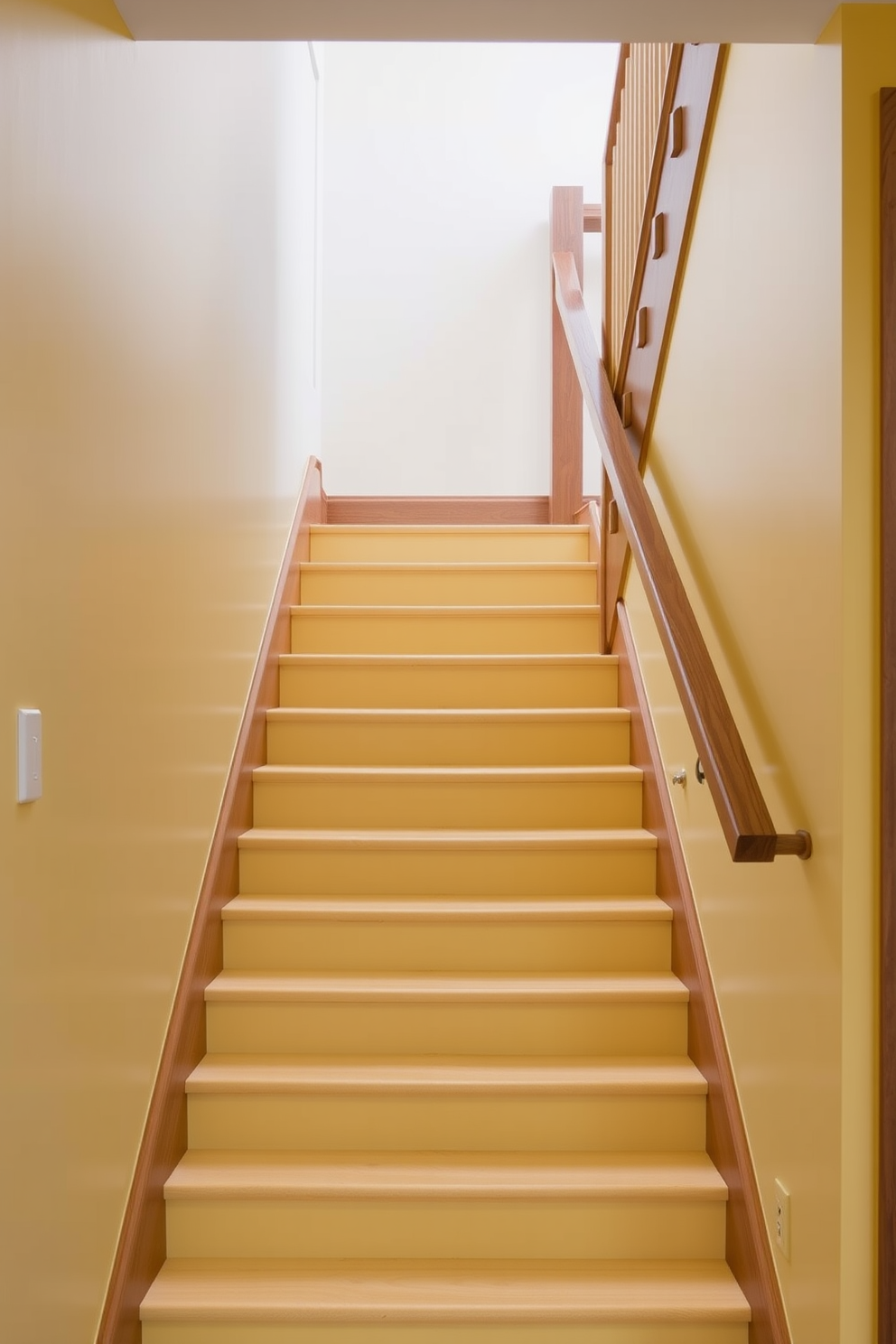 Warm butter yellow steps lead up to a beautifully designed space, complemented by natural wood accents that enhance the inviting atmosphere. The staircase features a sleek handrail made of rich oak, creating a harmonious blend of color and texture.