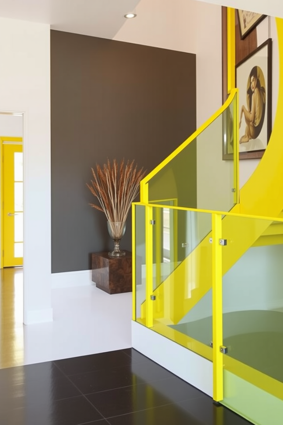 Chic yellow glass railing for modern look. The railing features sleek lines and a vibrant yellow hue that enhances the contemporary aesthetic of the space. Yellow staircase design ideas. The staircase showcases a bold yellow color that complements the surrounding decor, creating a striking focal point in the entryway.