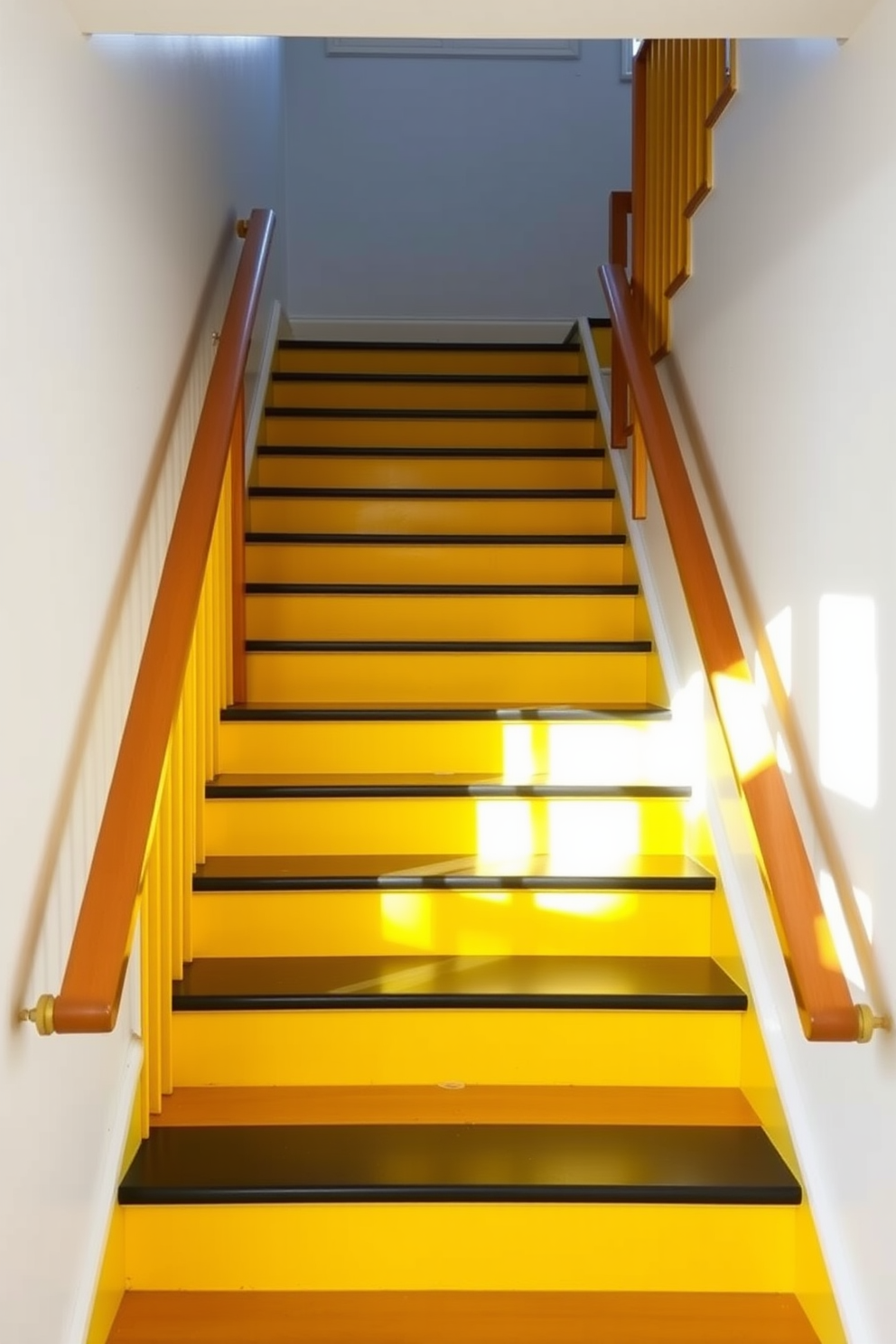 Bright yellow stair treads with contrasting black edges create a vibrant and welcoming atmosphere. The staircase features sleek wooden railings that enhance the modern aesthetic. The walls are painted in a soft white to provide a clean backdrop for the bold color. Natural light pours in from a nearby window, highlighting the cheerful design of the staircase.