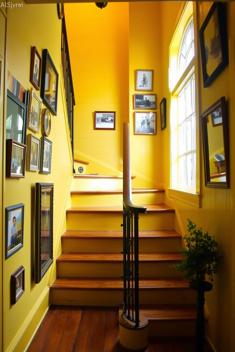 A yellow painted staircase exudes rustic charm with its warm and inviting hue. The wooden steps are complemented by a wrought iron railing, adding a touch of elegance to the overall design. Surrounding the staircase, vintage photographs in distressed frames adorn the walls, enhancing the cozy atmosphere. Soft lighting from a nearby window filters in, highlighting the cheerful yellow tones and creating a welcoming entryway.