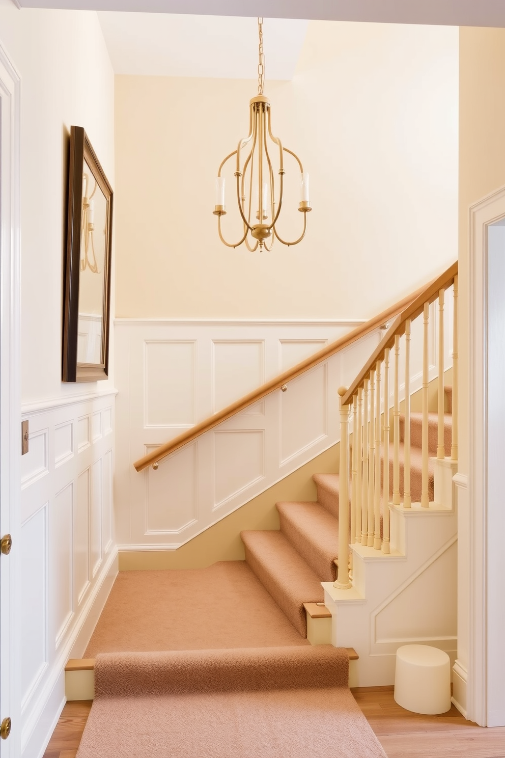 Elegant pale yellow staircase with brass fixtures. The staircase features a sleek wooden railing and is illuminated by a stylish chandelier above. The walls are adorned with soft white wainscoting, creating a bright and airy atmosphere. A plush runner in a complementary color adds warmth and comfort to each step.