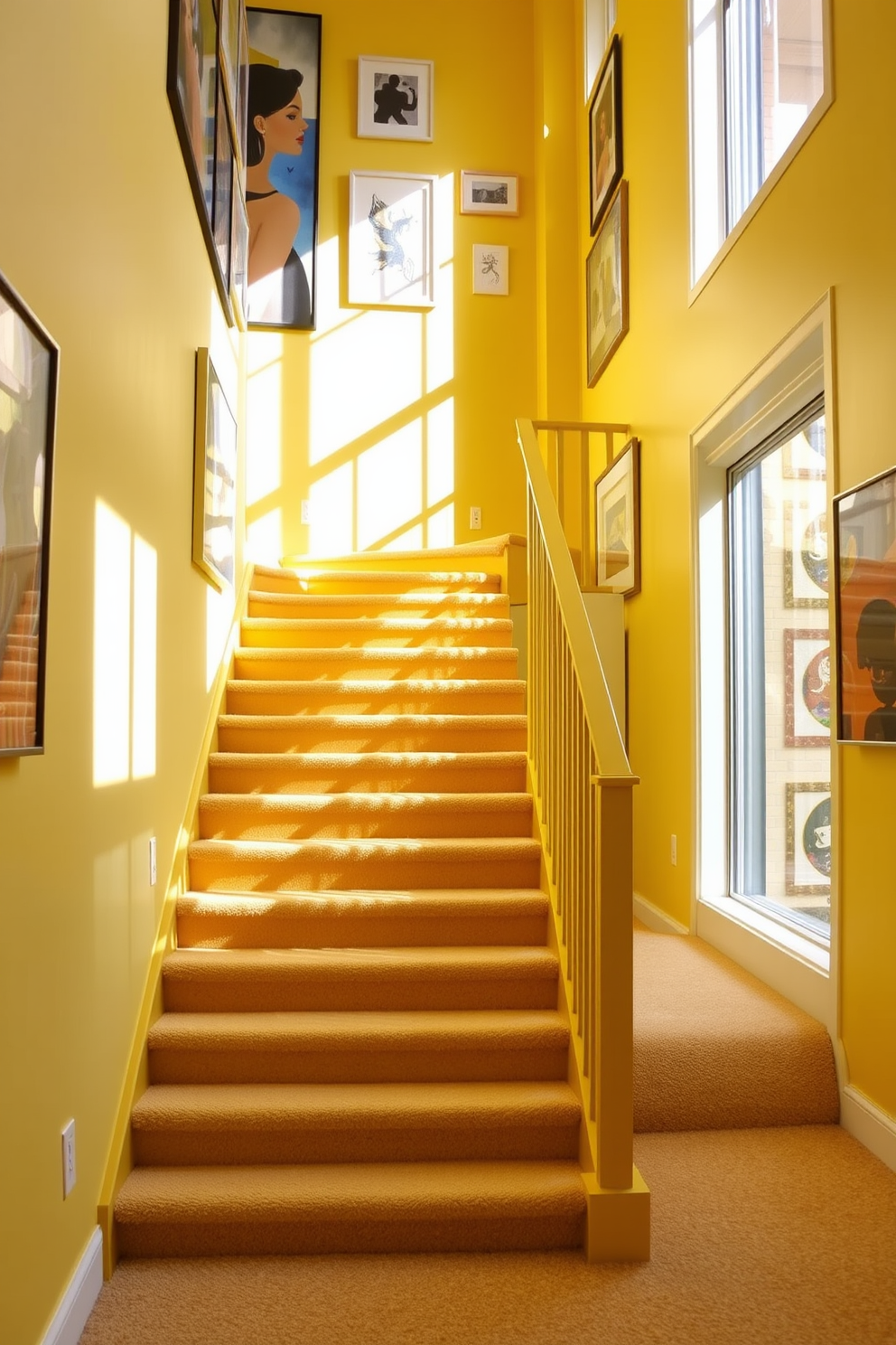 A vibrant canary yellow staircase ascends with a bold presence, featuring a sleek railing that complements its bright hue. Artistic wall art adorns the walls, showcasing a mix of abstract and contemporary pieces that enhance the overall aesthetic. The staircase is illuminated by natural light streaming through large windows, casting playful shadows on the yellow steps. Plush carpeting in a neutral tone runs alongside the staircase, adding warmth and comfort to the design.