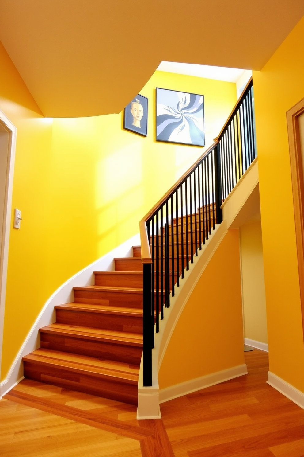 A bright and inviting staircase features a stunning yellow accent wall that adds a pop of color and warmth to the space. The staircase itself is designed with sleek wooden steps and a modern railing, creating a seamless flow between levels. The yellow accent wall is adorned with contemporary artwork that complements the vibrant hue and enhances the overall aesthetic. Soft lighting highlights the staircase, creating an inviting atmosphere that draws the eye upward.