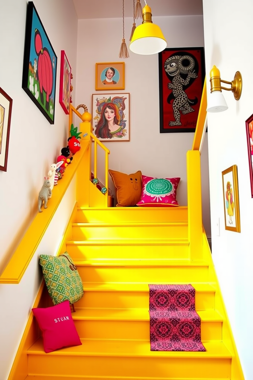 A whimsical yellow staircase adorned with playful decor invites creativity and joy into the home. Bright yellow steps are complemented by vibrant artwork and quirky sculptures along the railing, creating a cheerful atmosphere. The walls surrounding the staircase are painted in a soft white to enhance the brightness of the yellow. Colorful cushions and whimsical lighting fixtures add an extra touch of fun, making the staircase a delightful focal point in the space.