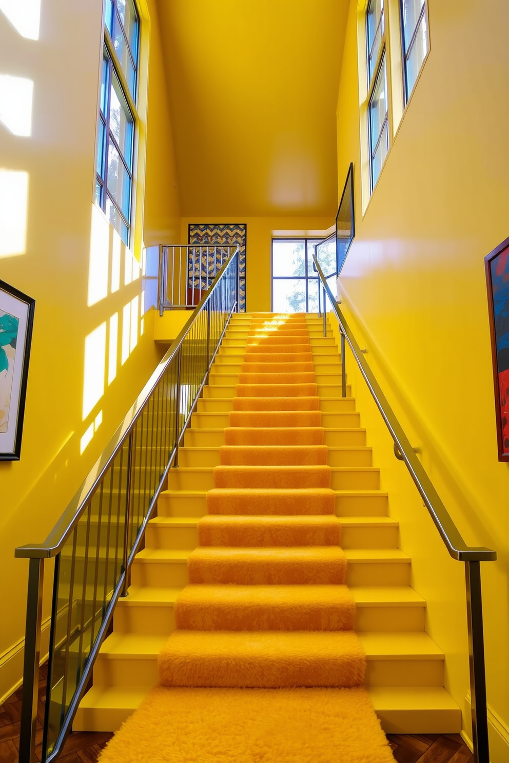 A stunning golden yellow staircase ascends gracefully, featuring a sleek metal railing that adds a modern touch. The staircase is illuminated by natural light streaming through large windows, creating a warm and inviting atmosphere. The walls flanking the staircase are adorned with contemporary artwork, enhancing the vibrant color scheme. A plush runner in complementary colors adds texture and comfort underfoot, making the space feel both stylish and functional.