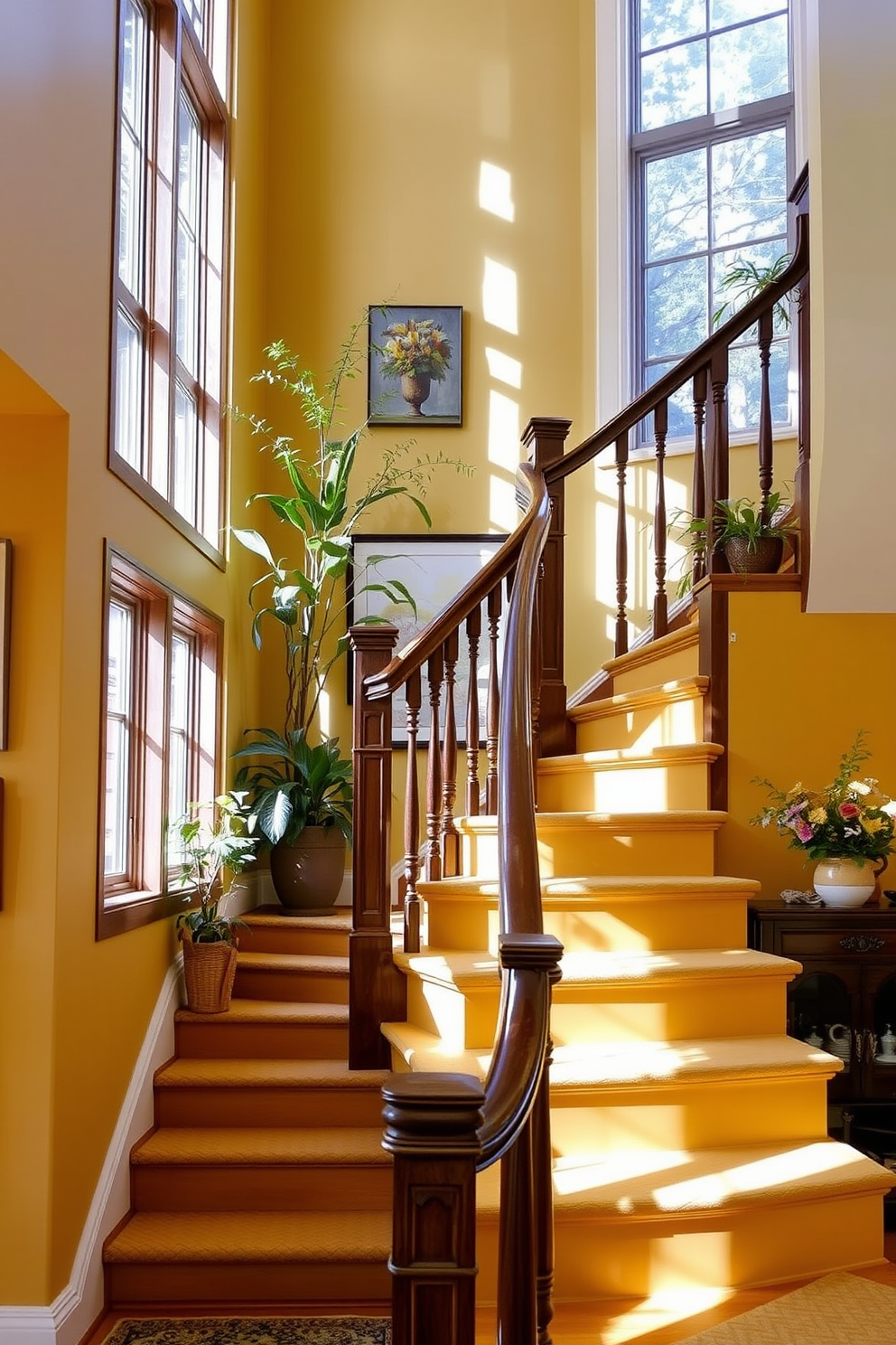 A muted mustard yellow staircase features elegant wood accents that enhance its warmth and charm. The handrail is crafted from rich dark wood, contrasting beautifully with the soft yellow hues of the staircase. Surrounding the staircase, natural light filters through large windows, illuminating the space and creating a welcoming atmosphere. Decorative elements such as potted plants and artwork adorn the walls, adding personality and vibrancy to the design.