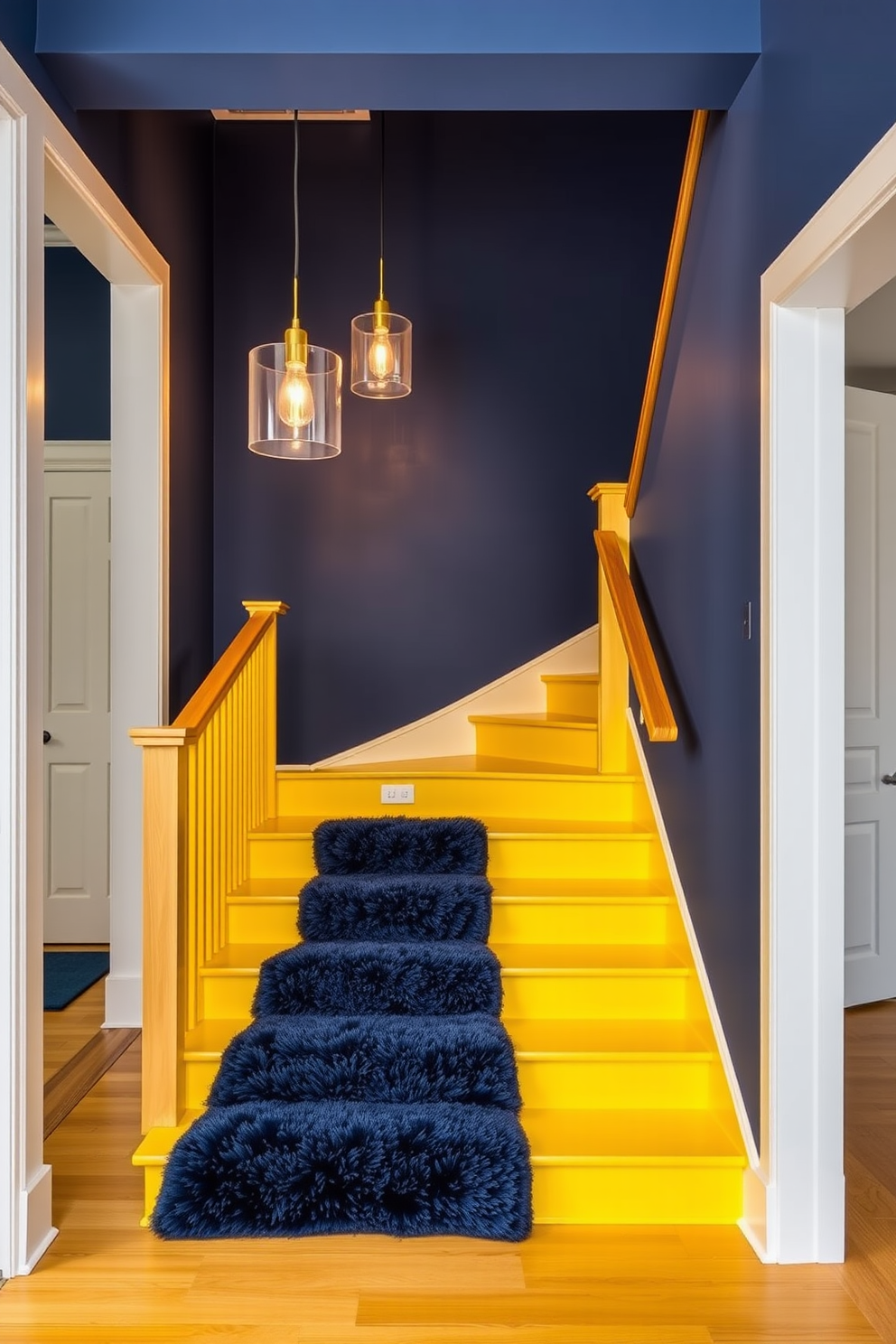 A stunning staircase design featuring a vibrant yellow and navy color scheme. The walls are painted in a soft navy blue, while the staircase is adorned with bright yellow risers and a sleek wooden handrail. The staircase is illuminated by elegant pendant lights that create a warm ambiance. A plush navy runner rug adds comfort and style, complementing the bold color choices.