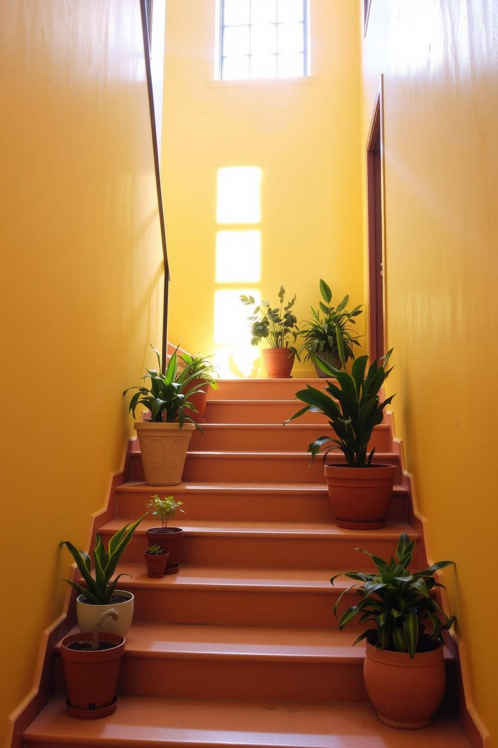 A bright and cheerful staircase bathed in sunlight. Potted plants in various sizes are strategically placed on the steps, adding a touch of greenery and warmth to the yellow hues.