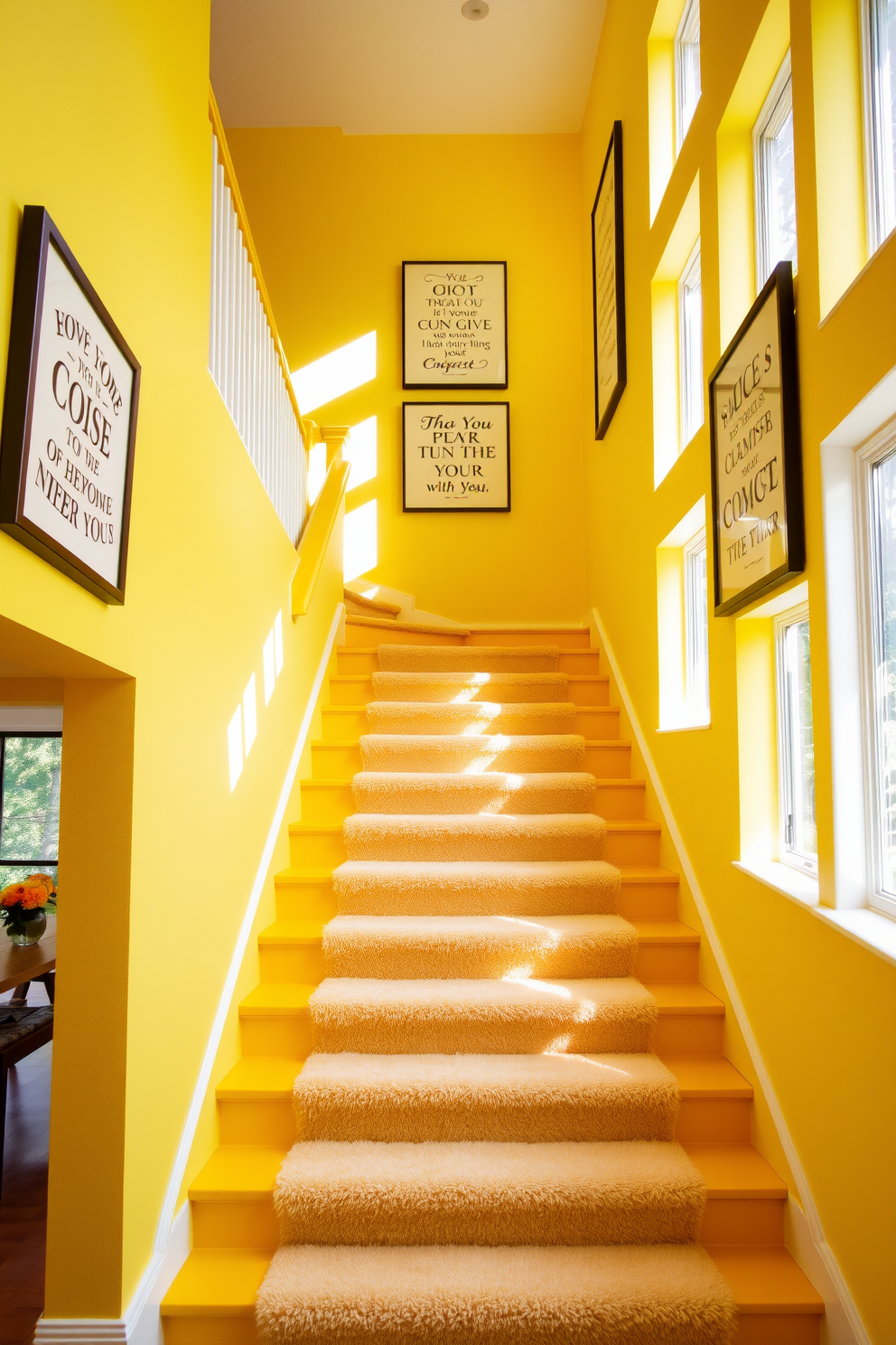 Bright yellow staircase with inspirational quotes. The walls are adorned with framed artwork featuring motivational messages in elegant typography. The staircase is illuminated by natural light streaming through large windows, creating a warm and inviting atmosphere. A plush runner in a neutral tone adds comfort and style, complementing the vibrant yellow steps.