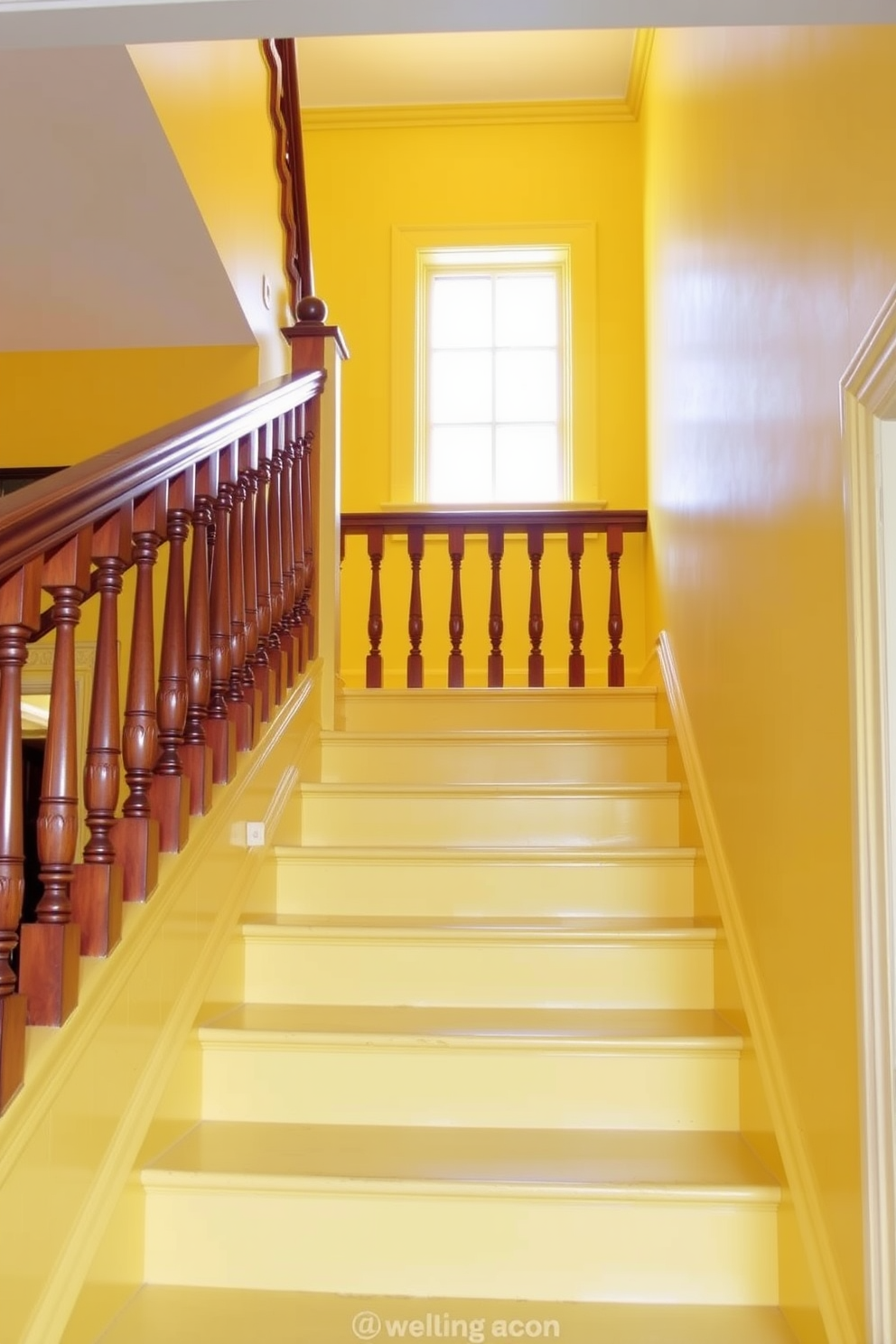 A classic yellow staircase features traditional wooden balusters that enhance its timeless appeal. The vibrant yellow hue creates a cheerful atmosphere, inviting light into the space and drawing the eye upwards.