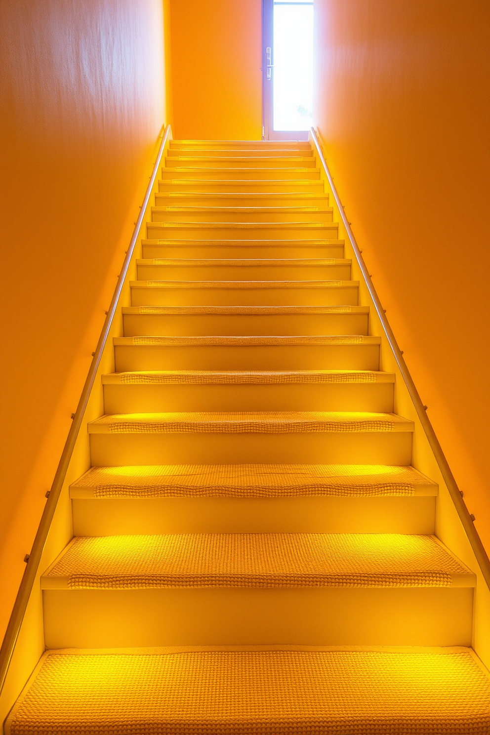 A stunning staircase bathed in sunset yellow hues, illuminated by warm ambient lighting that casts a soft glow. The steps are adorned with a textured runner that complements the vibrant color, creating an inviting atmosphere.