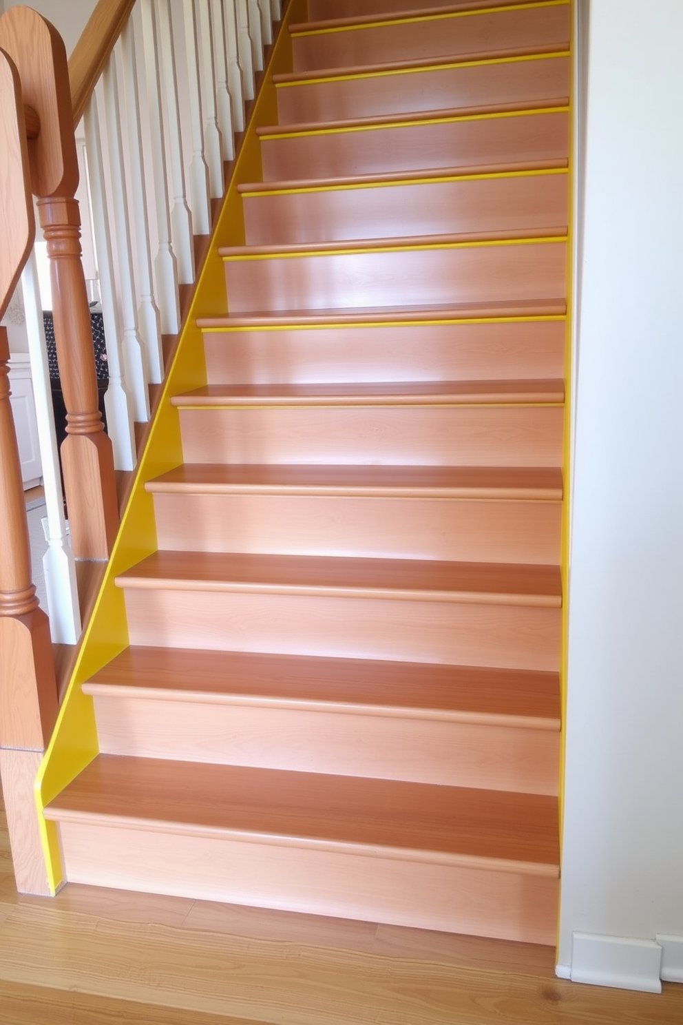 A striking staircase features yellow painted risers that add a vibrant touch to the natural wood treads. The warm wood tones contrast beautifully with the cheerful yellow, creating a welcoming and stylish focal point in the space.