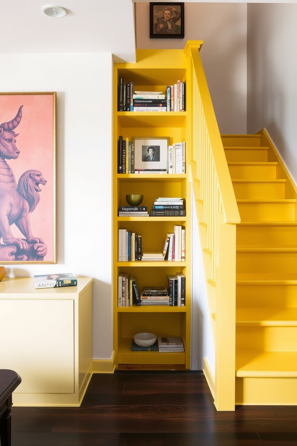 A bright yellow staircase with open shelving creates a vibrant focal point in the home. The shelves are filled with books and decorative items, adding personality and warmth to the space.