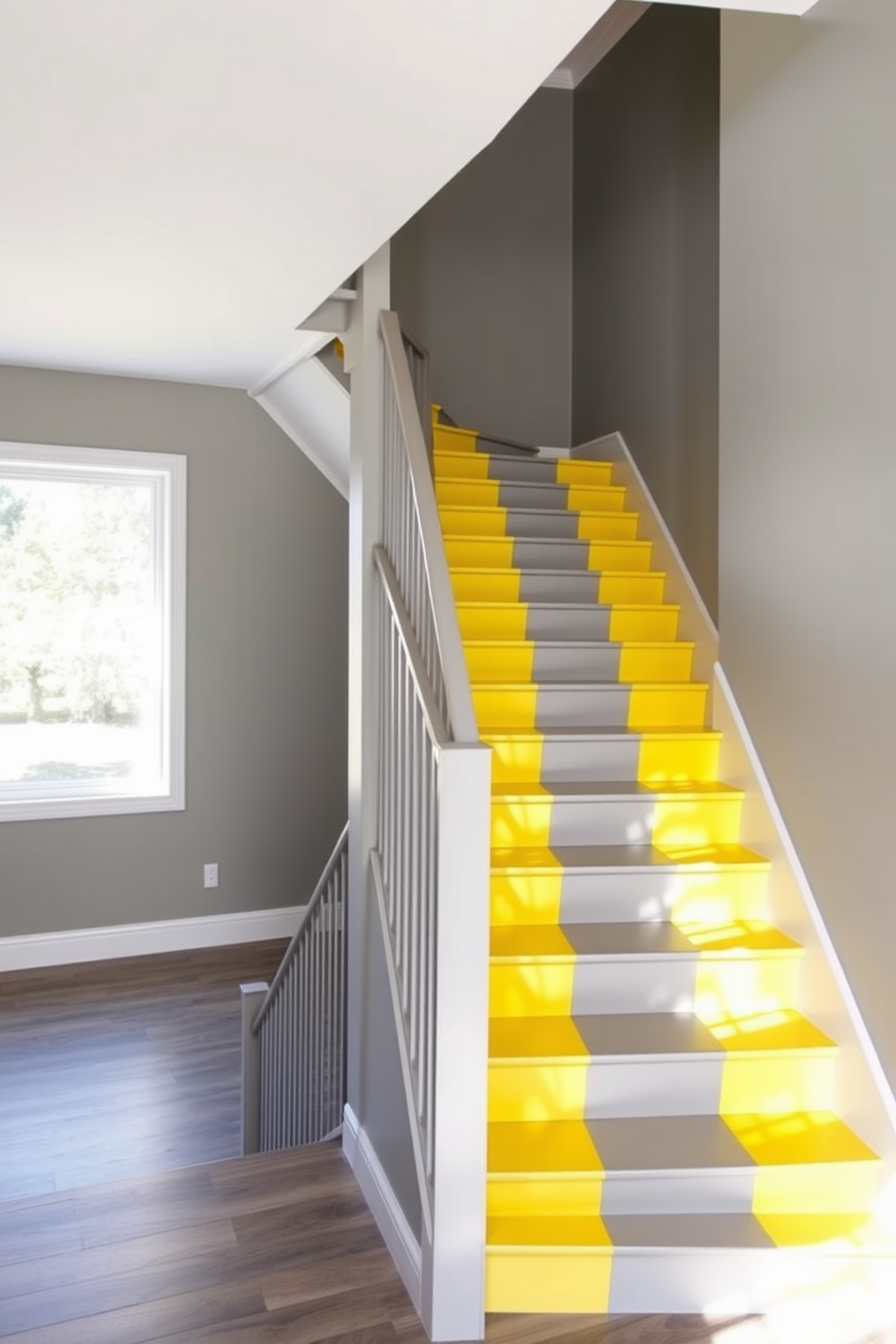 A striking staircase featuring a bold yellow and gray color-blocked design. The yellow steps are complemented by a sleek gray railing, creating a modern and vibrant aesthetic. The walls adjacent to the staircase are painted in a soft gray, enhancing the brightness of the yellow accents. Natural light floods the area through a large window, highlighting the unique color combination and adding warmth to the space.