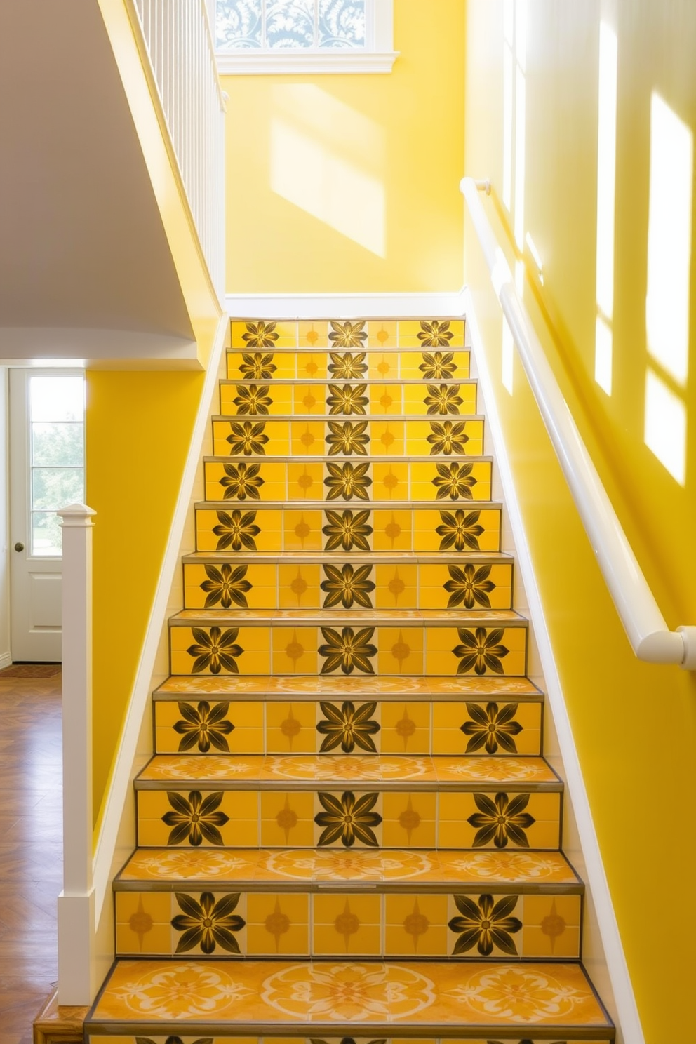 A lively yellow staircase features a series of patterned tiles that create a vibrant and welcoming atmosphere. The bold yellow color contrasts beautifully with the intricate designs of the tiles, drawing the eye upward. The staircase is framed by sleek white railings that enhance its modern appeal. Natural light floods the space, highlighting the cheerful hues and making the staircase a focal point of the home.