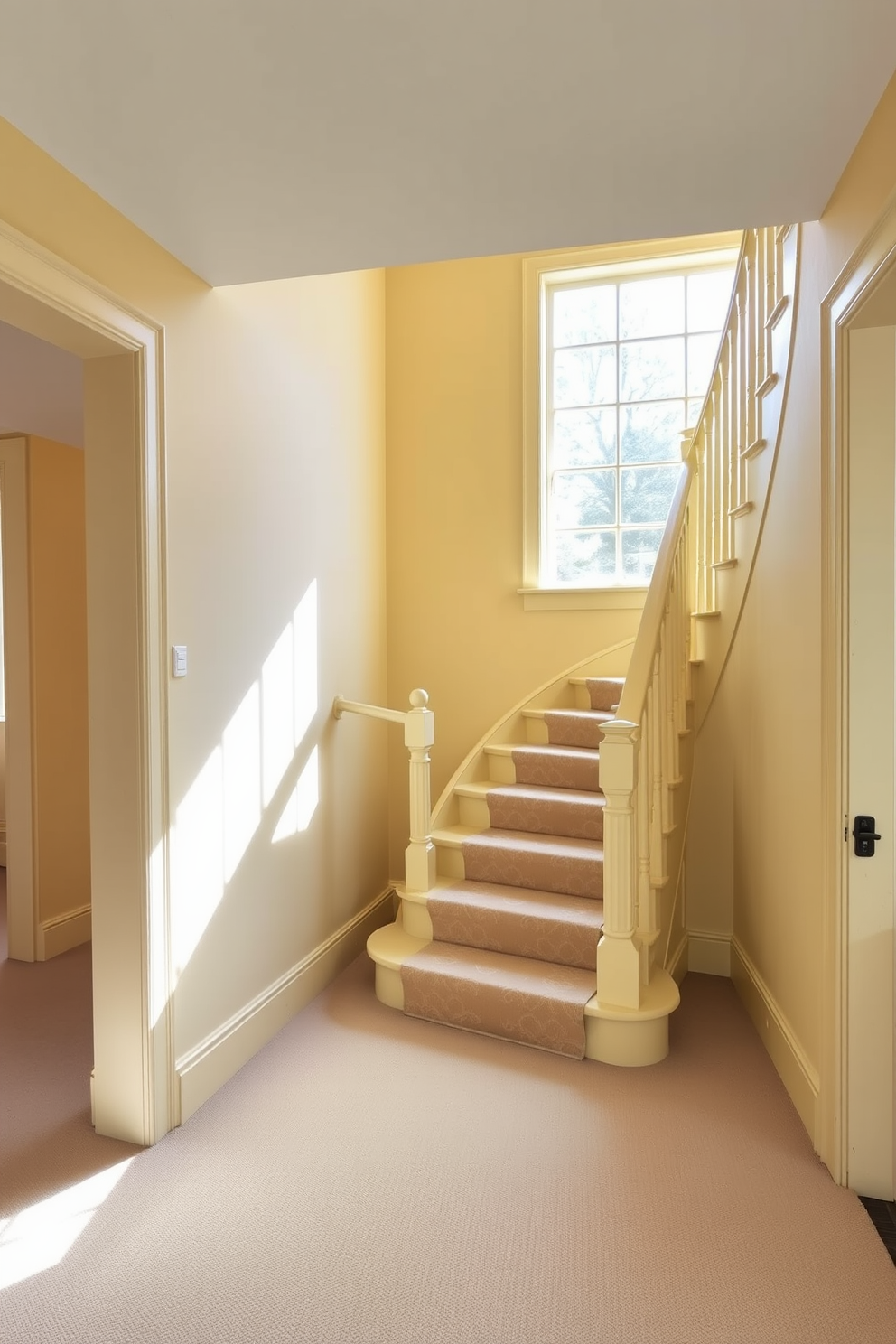 A soft yellow staircase with an elegant runner creates a warm and inviting atmosphere. The walls are painted in a subtle cream, complementing the cheerful hue of the staircase. The runner features a delicate pattern that adds texture and interest. Natural light floods the space through a large window, highlighting the staircase's graceful curves.