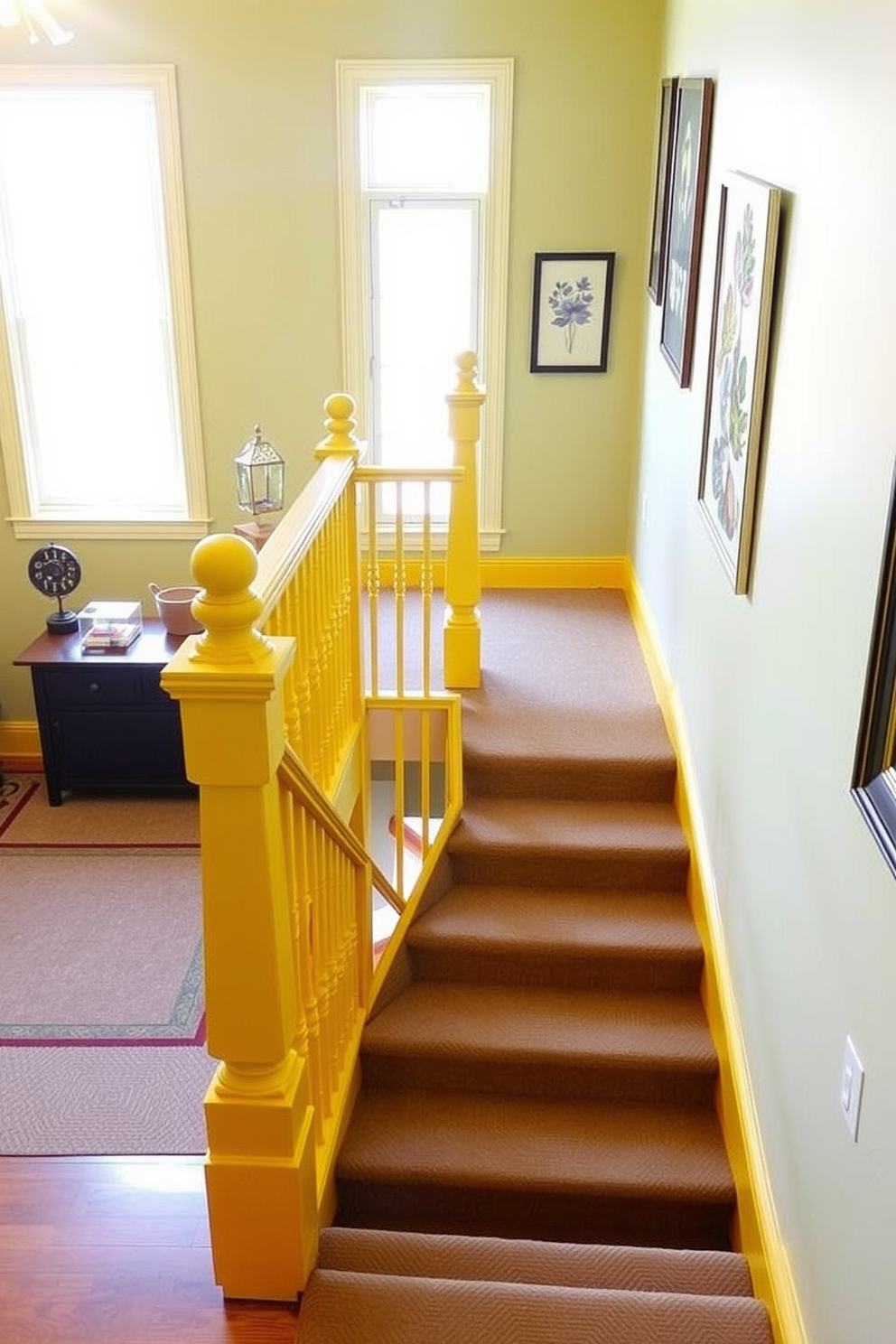 A vibrant yellow staircase features spindles on the railing that bring a cheerful touch to the space. The steps are designed with a mix of smooth wood and textured carpet, creating an inviting atmosphere. Natural light floods the area through a large window at the landing, highlighting the bold color of the spindles. Decorative artwork adorns the walls, complementing the lively yellow and adding personality to the staircase.