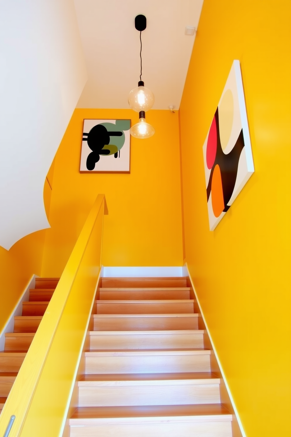 Bright yellow staircase with modern artwork. The staircase features sleek wooden steps and a minimalist railing, creating a striking contrast against the vibrant yellow walls. On the walls, bold abstract paintings add a touch of sophistication and creativity. A unique pendant light hangs above, illuminating the space and enhancing the contemporary feel.