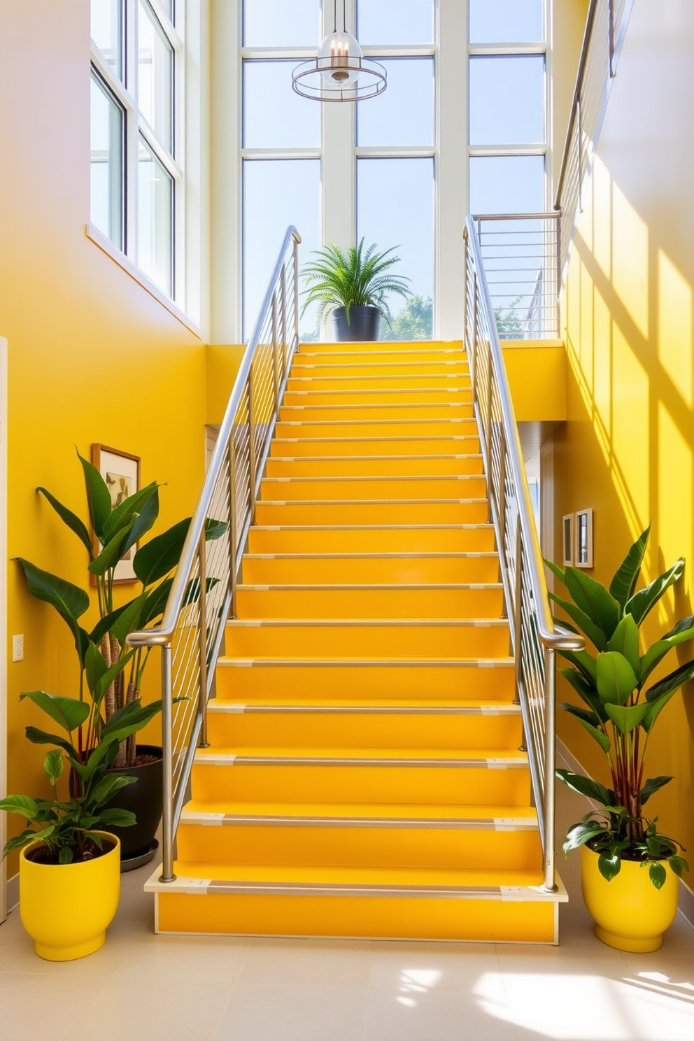 A striking sunshine yellow staircase features bold geometric patterns that create a vibrant focal point in the entryway. The stairs are complemented by sleek metal railings that enhance the modern aesthetic of the space. Surrounding the staircase, natural light floods in through large windows, illuminating the cheerful color and design. Potted plants are strategically placed at the base and top of the stairs, adding a touch of greenery and warmth to the overall look.