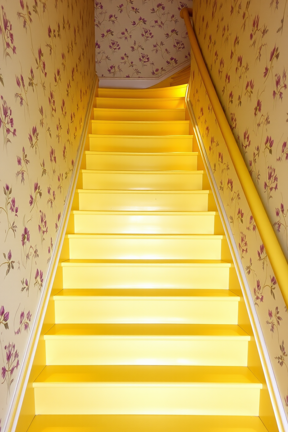 Soft pastel yellow steps lead gracefully upwards, surrounded by delicate floral wallpaper that adds a touch of elegance. The staircase features a gentle curve, with each step accentuated by subtle lighting that enhances the cheerful ambiance.