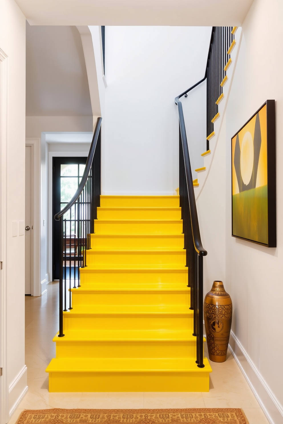 A bold lemon yellow staircase with a sleek black railing creates a striking focal point in the entryway. The stairs are complemented by white walls that enhance the vibrancy of the yellow, while a modern artwork hangs nearby to add an artistic touch.