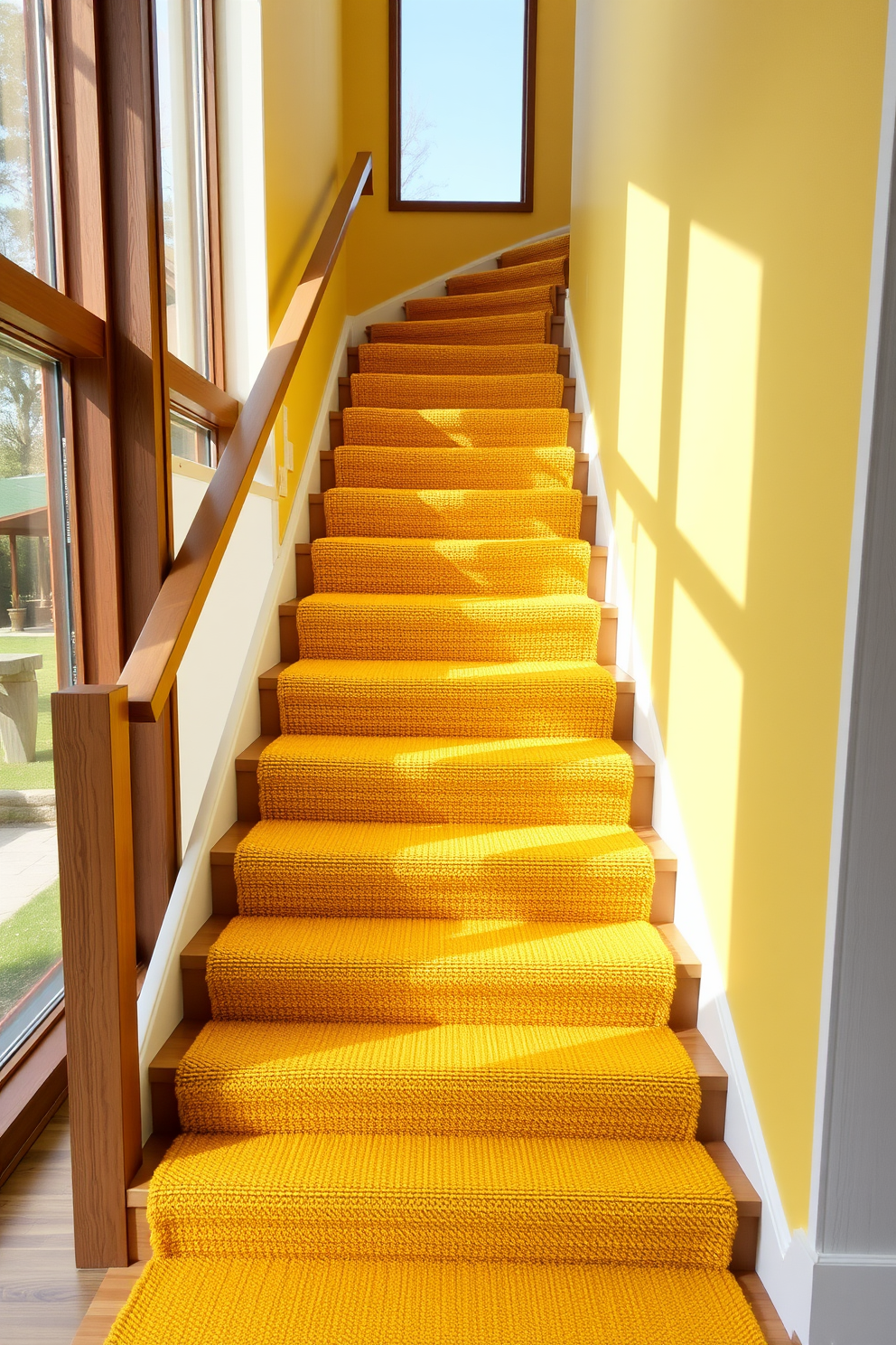 Textured yellow carpet runner gracefully adorns the staircase, adding warmth and a pop of color to the space. The stairs are framed by a sleek wooden railing, enhancing the overall aesthetic while providing safety and style. The yellow staircase features a modern design with clean lines and a minimalist approach. Natural light floods the area through large windows, highlighting the vibrant hue of the carpet runner and creating an inviting atmosphere.