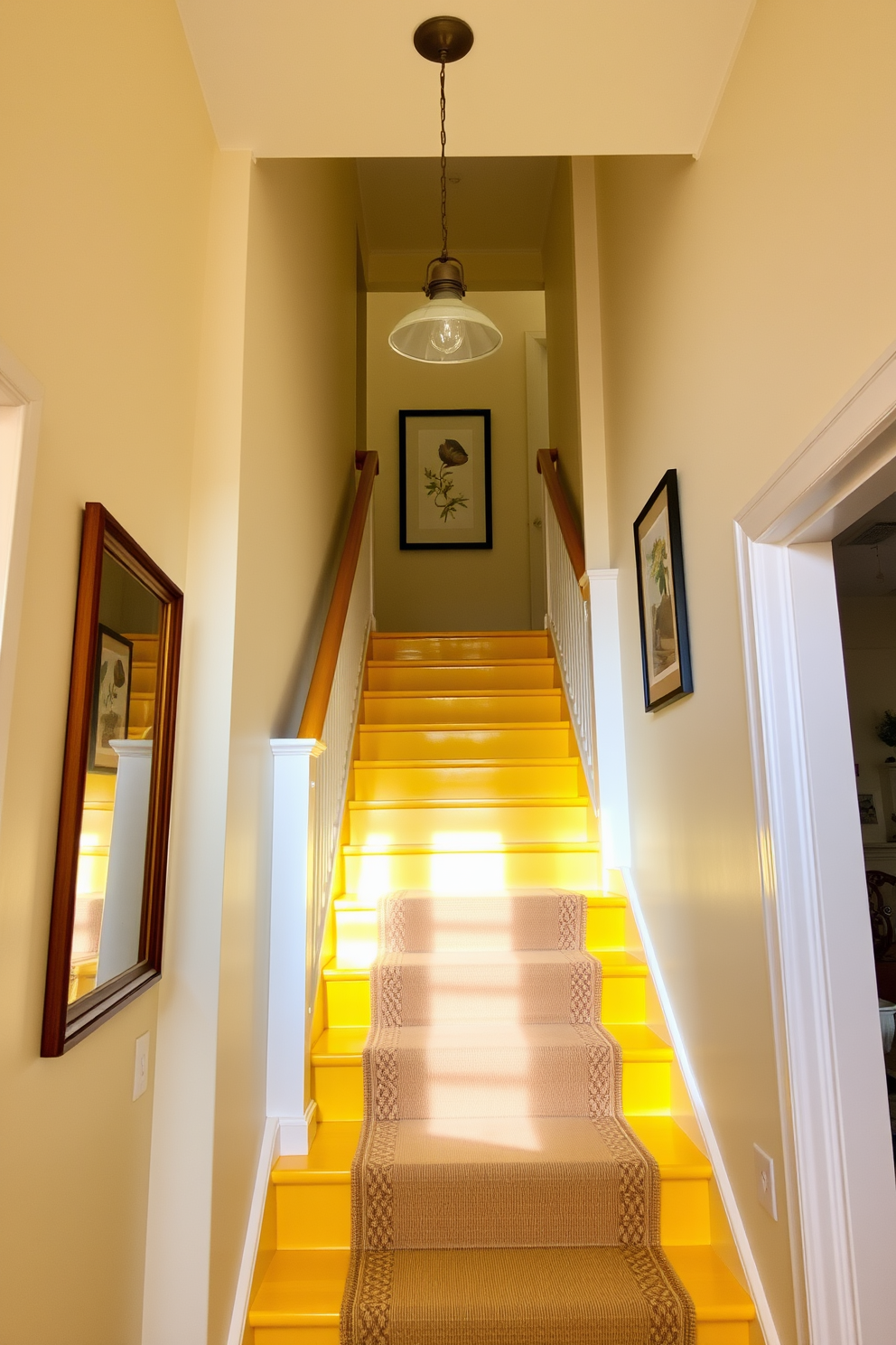 A sunny yellow staircase with vintage light fixtures creates a warm and inviting atmosphere. The walls are painted in a soft white, complementing the bright yellow steps and enhancing the overall brightness of the space. The vintage light fixtures hang elegantly from the ceiling, casting a soft glow down the staircase. A decorative runner in a neutral tone adds texture and warmth, making the staircase a focal point in the home.