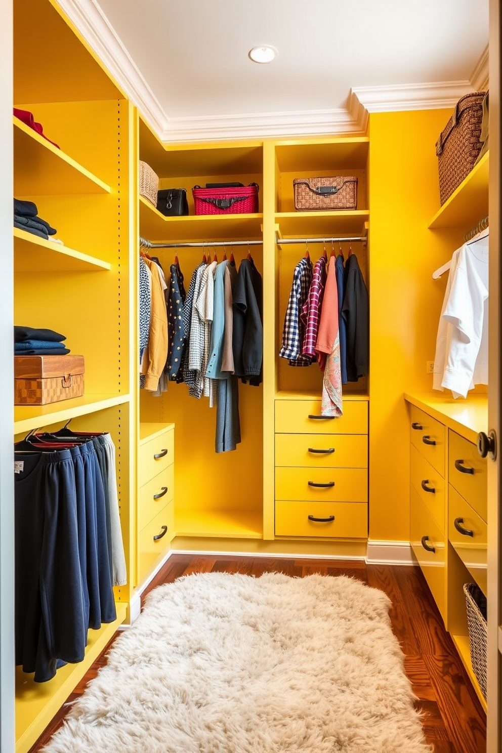 A bright yellow walk-in closet features vibrant accent walls that energize the space. The closet is designed with custom shelving and hanging options to maximize storage while maintaining a stylish appearance. Soft lighting illuminates the area, highlighting the rich textures of the clothing and accessories. A plush area rug adds comfort underfoot, creating a welcoming environment for getting ready.