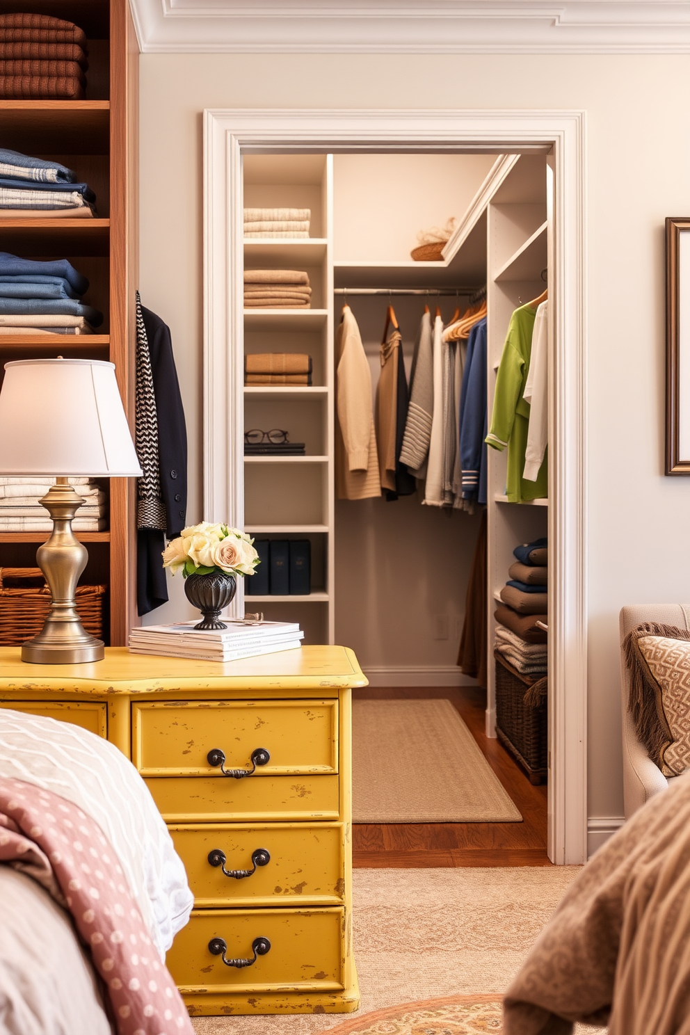 A vintage yellow dresser adds a charming touch to any bedroom. Its classic design features ornate handles and a distressed finish, creating a warm and inviting atmosphere. For a walk-in closet, consider a layout that maximizes space with custom shelving and hanging options. Incorporate soft lighting and a cozy seating area to enhance the overall experience.