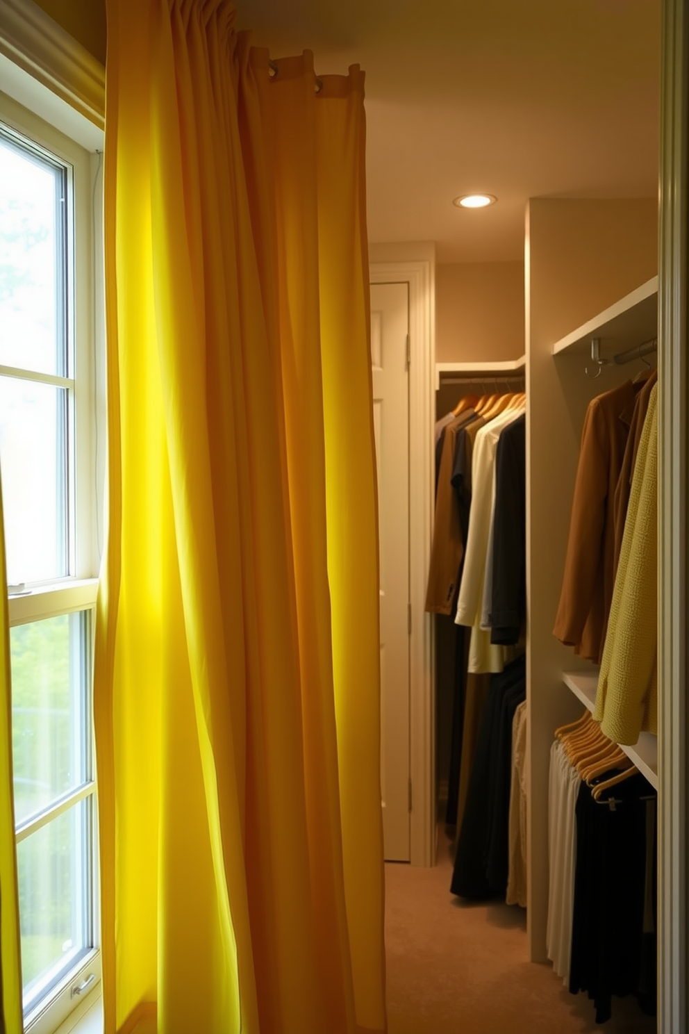 Lush yellow curtains frame the windows, adding a soft and inviting touch to the space. The curtains gently billow in the breeze, creating a warm and cheerful atmosphere. The walk-in closet features elegant shelving and hanging racks, designed to maximize storage while maintaining a stylish aesthetic. Soft lighting highlights the rich textures of the clothing and accessories, making the space both functional and beautiful.