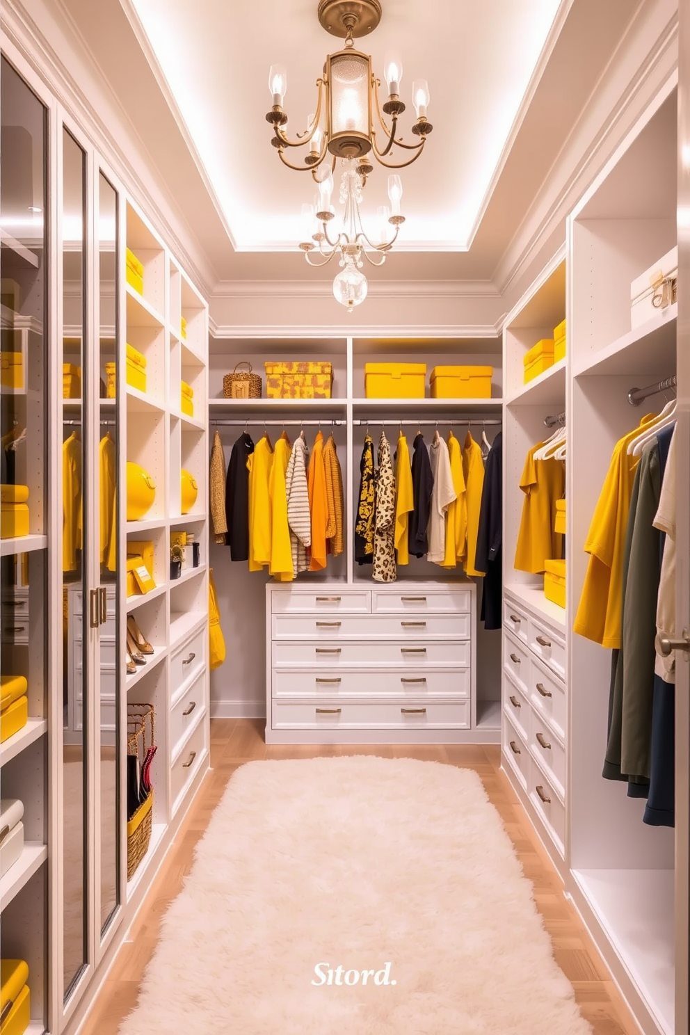 A bright and cheerful walk-in closet featuring yellow accessories that add a pop of color. The closet includes spacious shelving units and hanging rods, all complemented by a plush area rug in a soft white shade. The walls are painted in a light neutral tone to enhance the vibrancy of the yellow accents. Elegant lighting fixtures illuminate the space, creating an inviting atmosphere for organizing and displaying clothing and accessories.