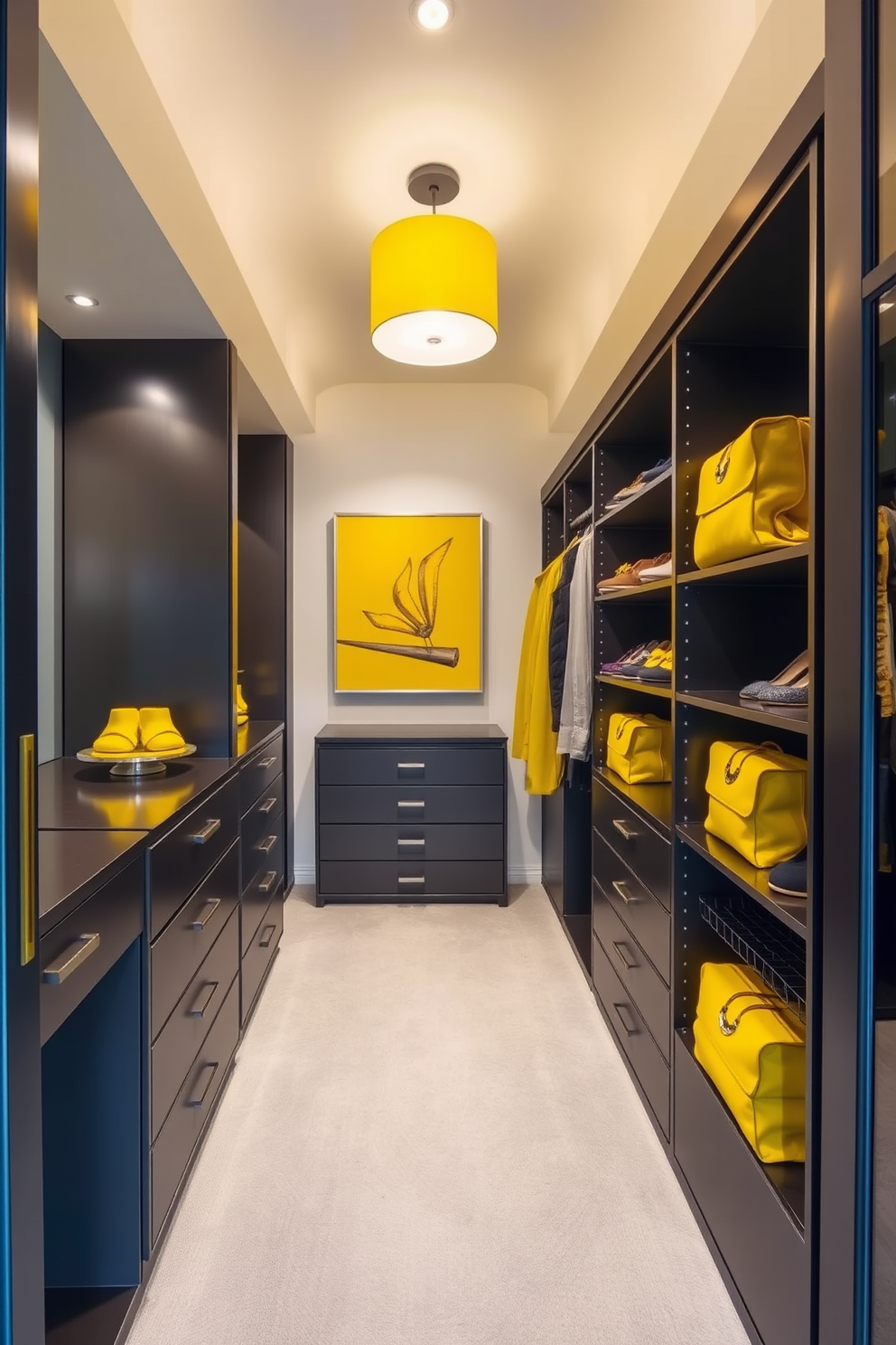 A spacious walk-in closet features bold yellow artwork as a striking focal point. The walls are painted in a soft neutral tone to enhance the vibrancy of the artwork. Luxurious shelving units in a sleek design provide ample storage for shoes and accessories. Soft lighting highlights the yellow accents and creates an inviting atmosphere.