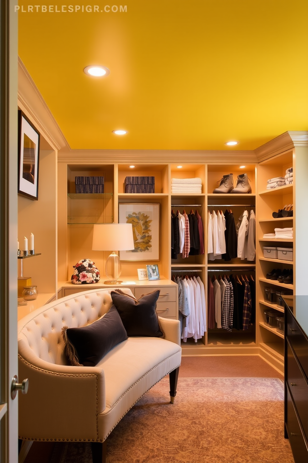 A yellow ceiling adds an unexpected surprise to the room, creating a cheerful and vibrant atmosphere. The bright hue contrasts beautifully with the surrounding decor, making the space feel unique and inviting. For the walk-in closet, consider a design that maximizes storage while maintaining elegance. Incorporate custom shelving, soft lighting, and a plush seating area to create a luxurious and functional space.